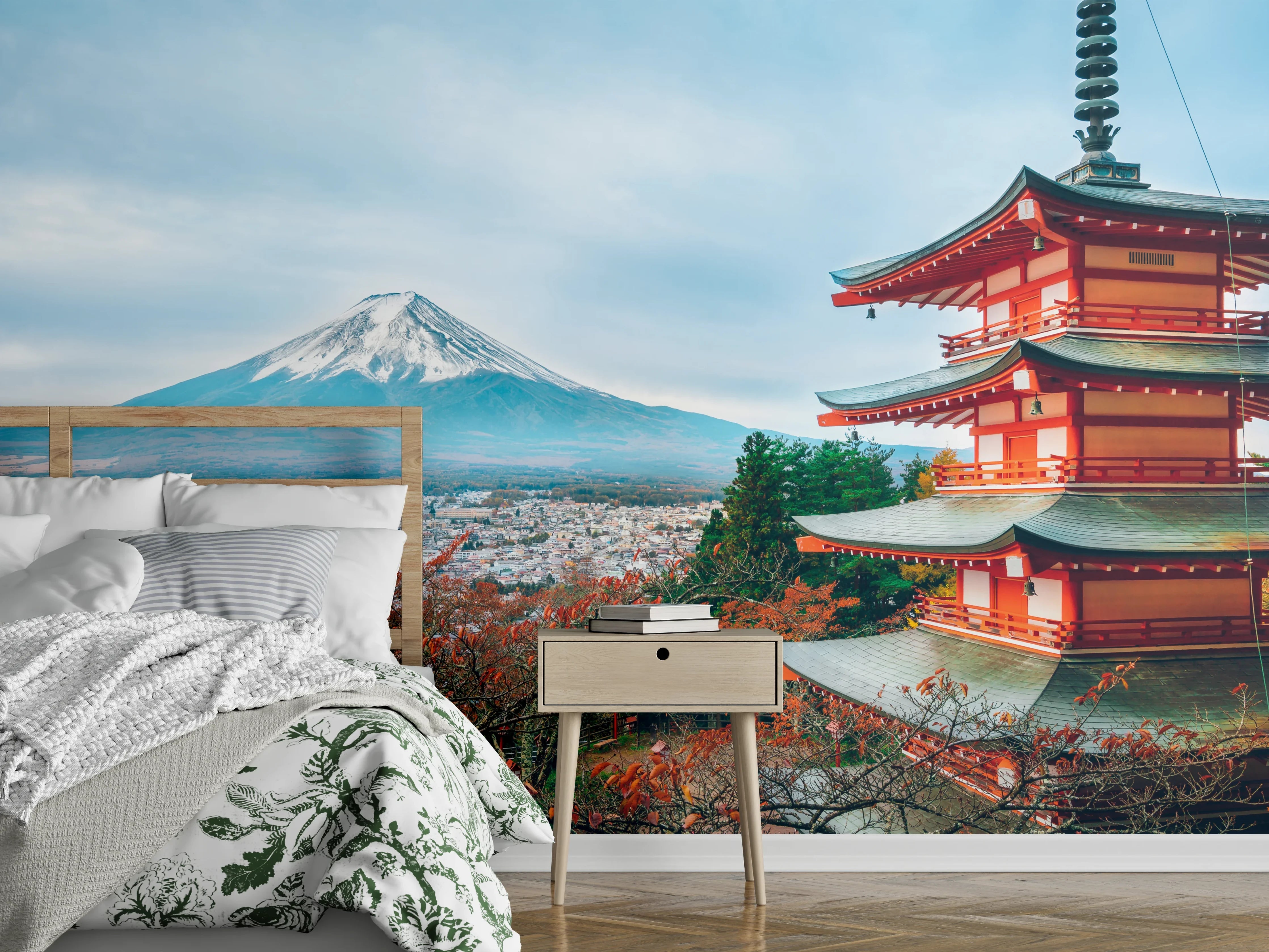 Wandverkleidung Schlafzimmer - Japanischer Tempel mit Fuji-Bergblick