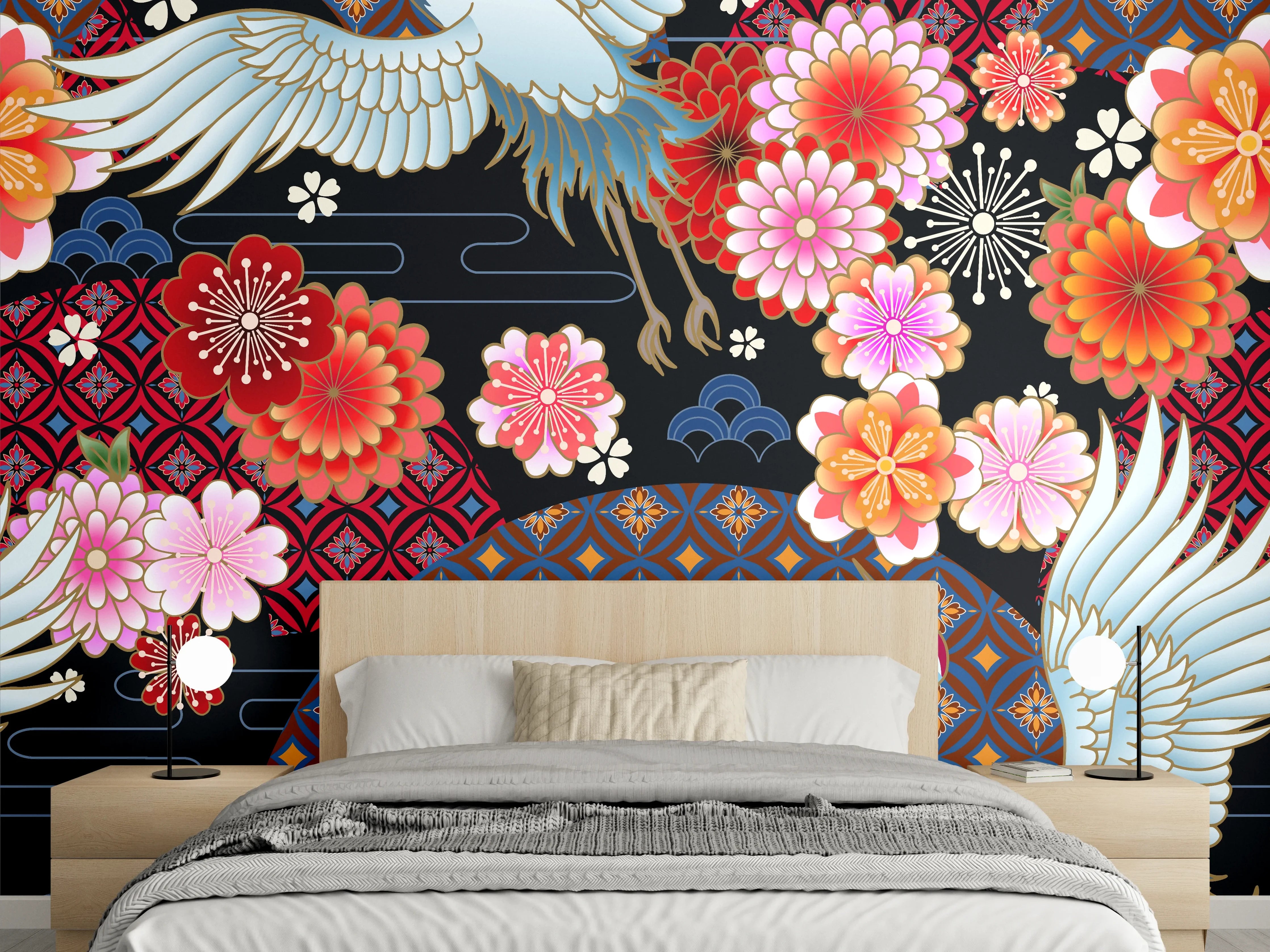 Wandverkleidung Schlafzimmer - Japanisches Kranich- und Blütenmuster