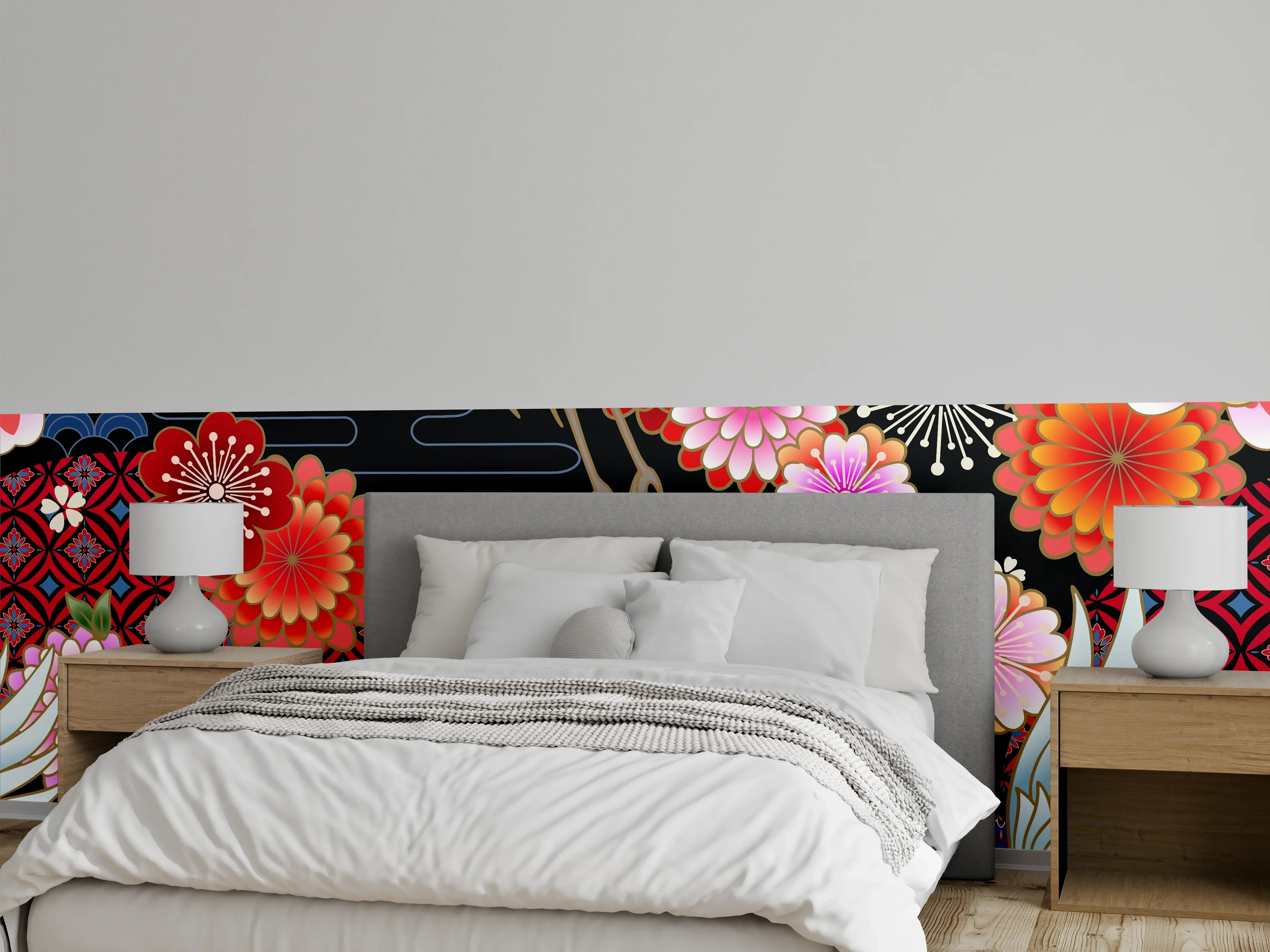 Wandverkleidung Schlafzimmer - Japanisches Kranich- und Blütenmuster