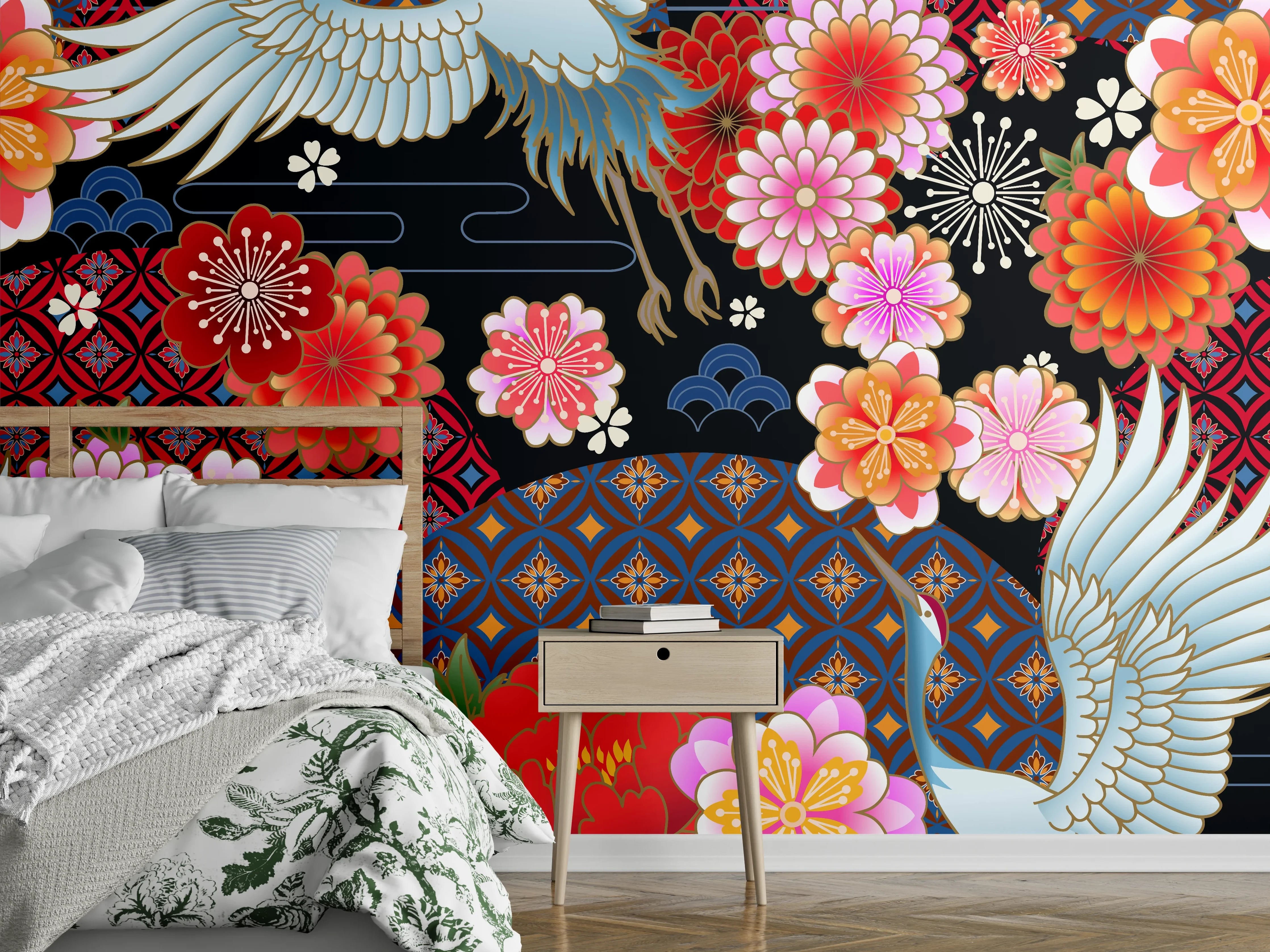 Wandverkleidung Schlafzimmer - Japanisches Kranich- und Blütenmuster