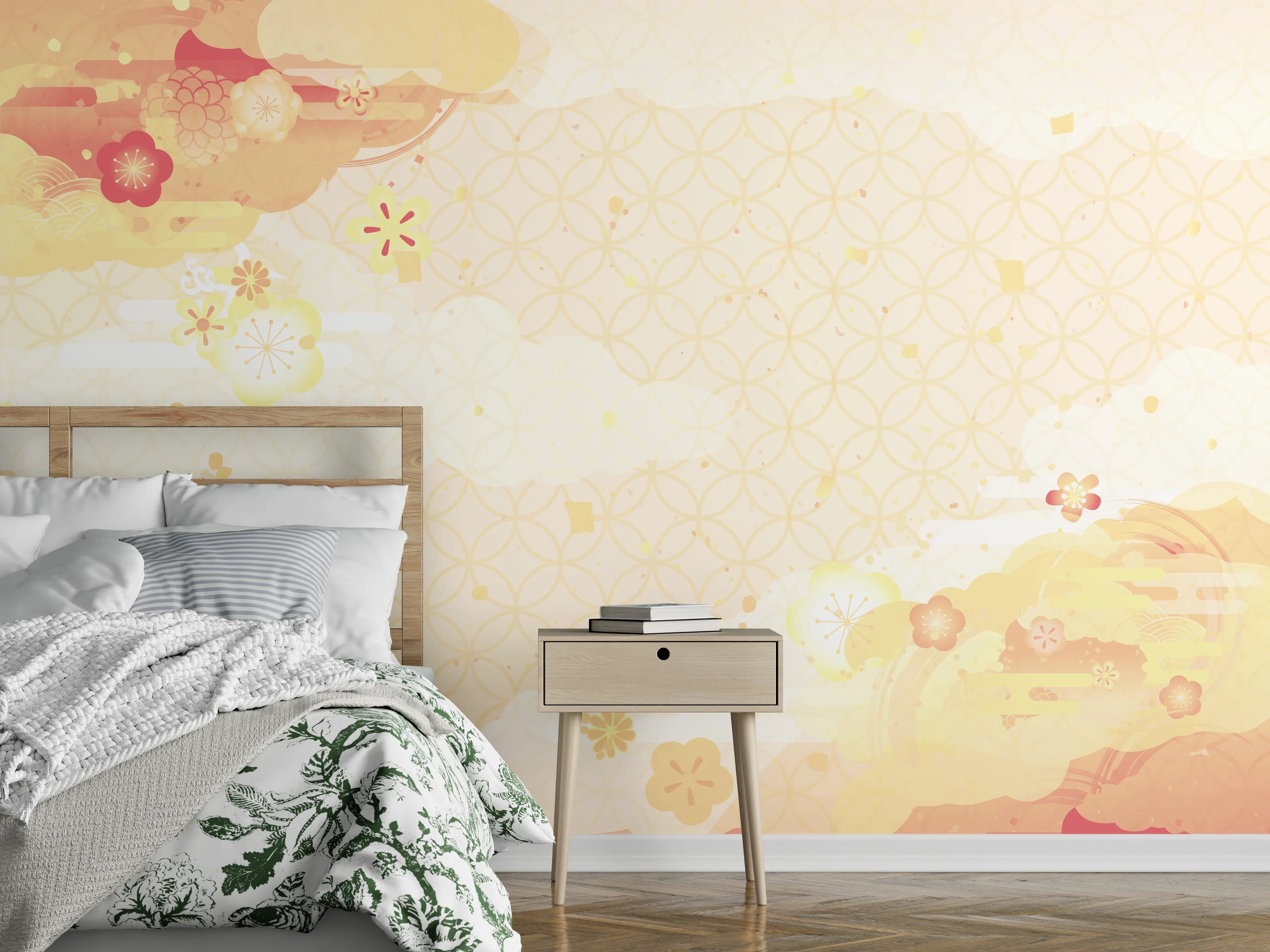 Wandverkleidung Schlafzimmer - Japanisches Muster Pastell Blumen