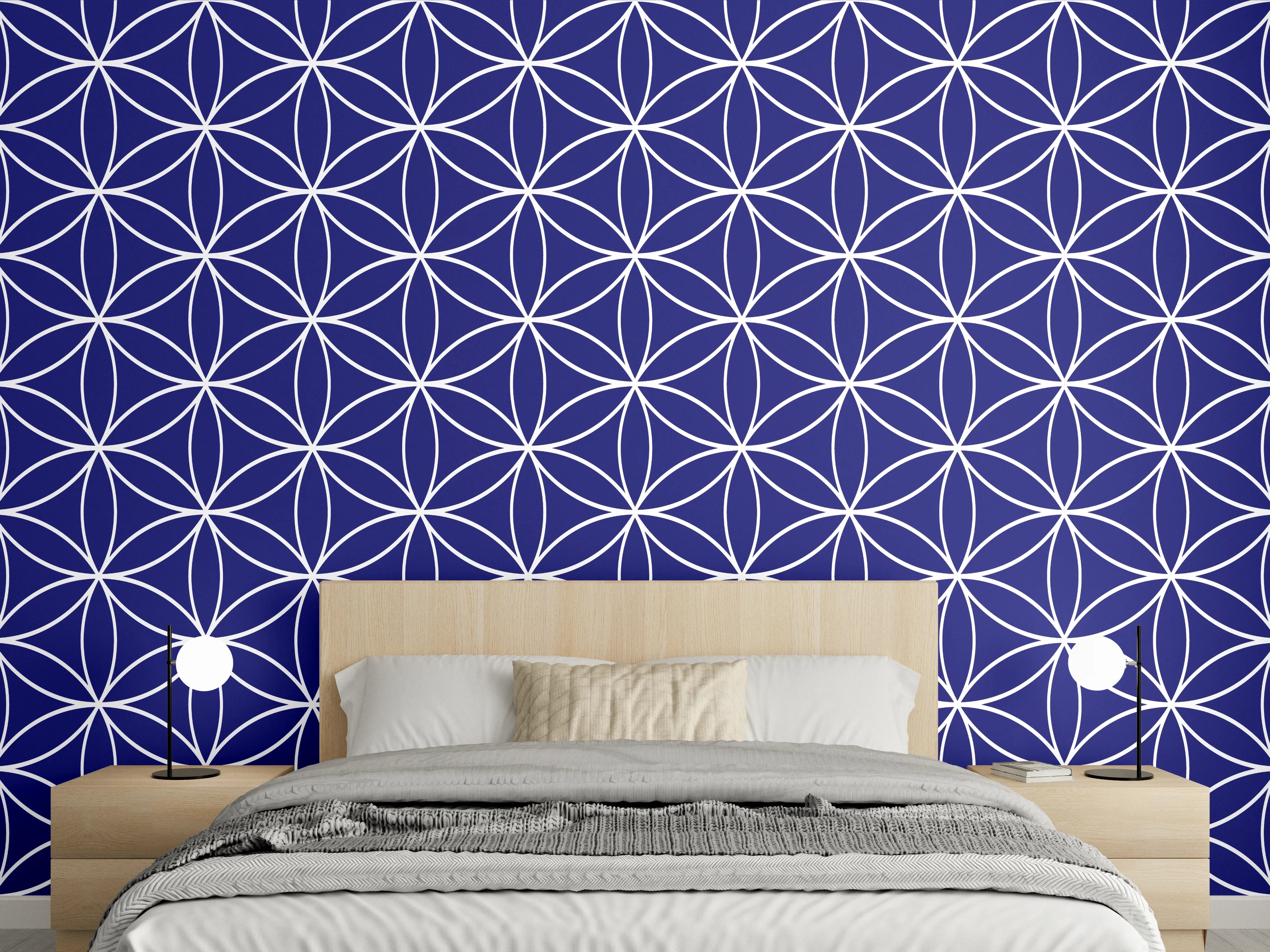 Wandverkleidung Schlafzimmer - Japanisches geometrisches Muster Weiß-Blau