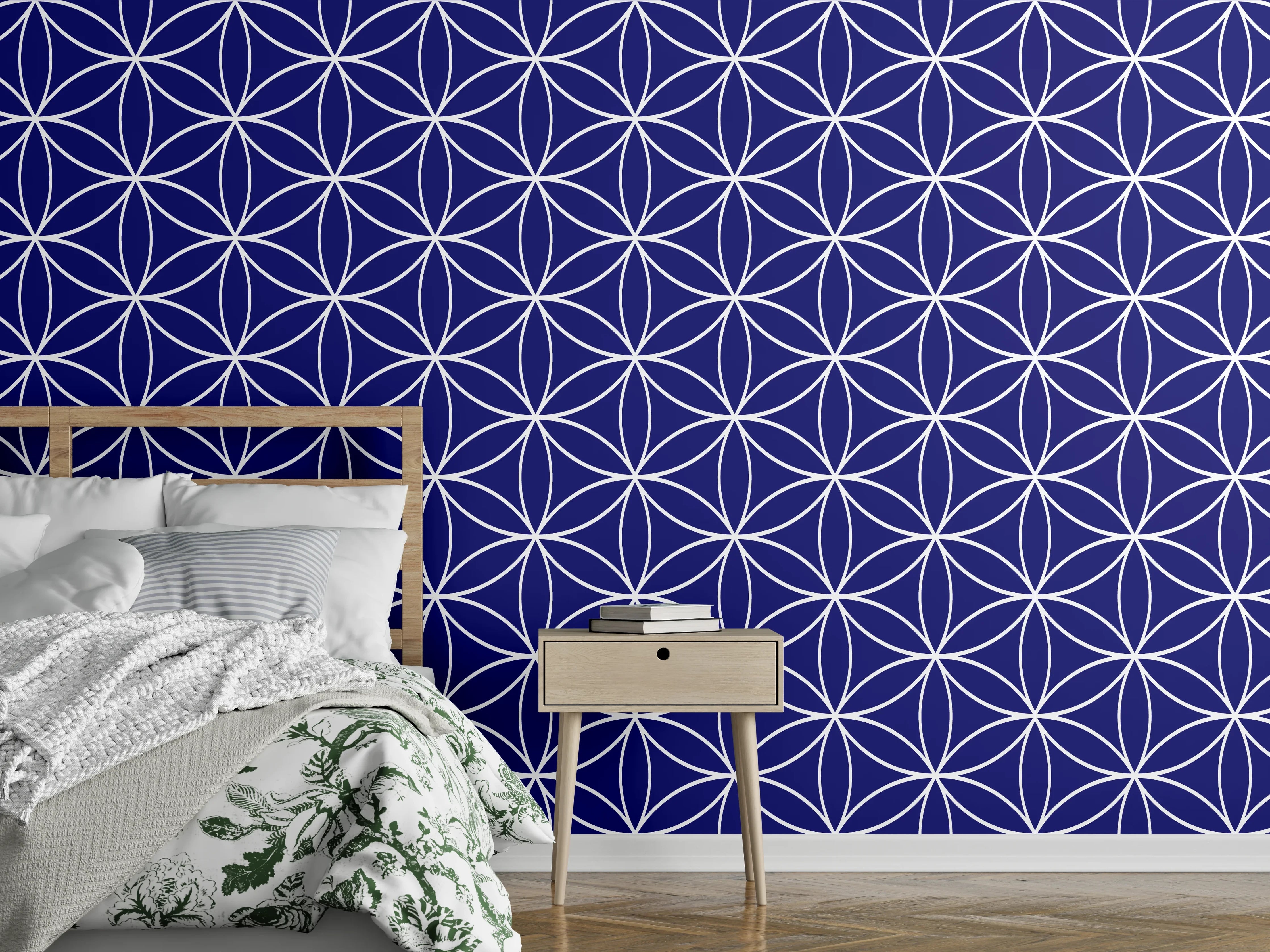 Wandverkleidung Schlafzimmer - Japanisches geometrisches Muster Weiß-Blau