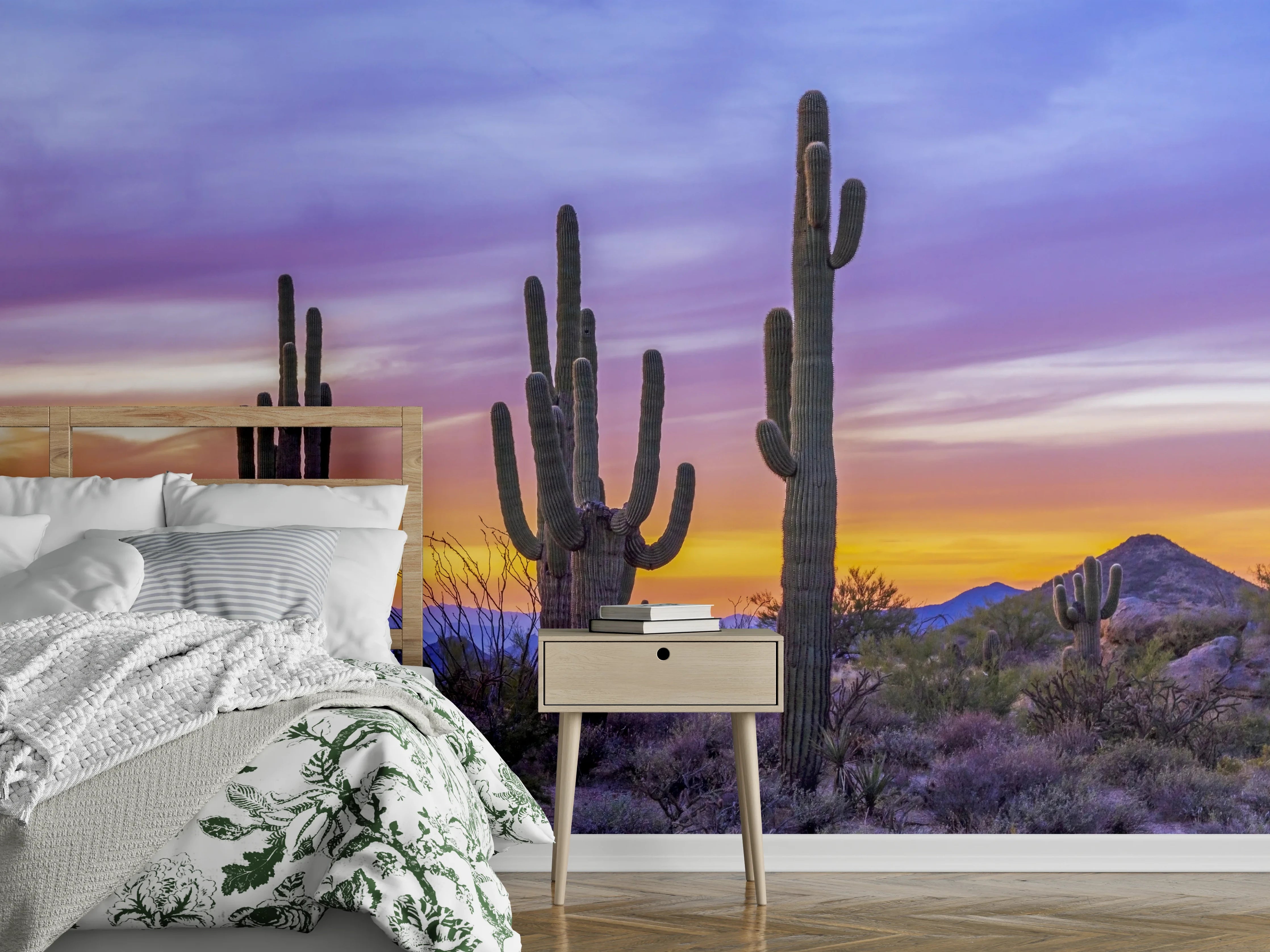 Wandverkleidung Schlafzimmer - Kaktus Sonnenuntergang Landschaft Fotokunst