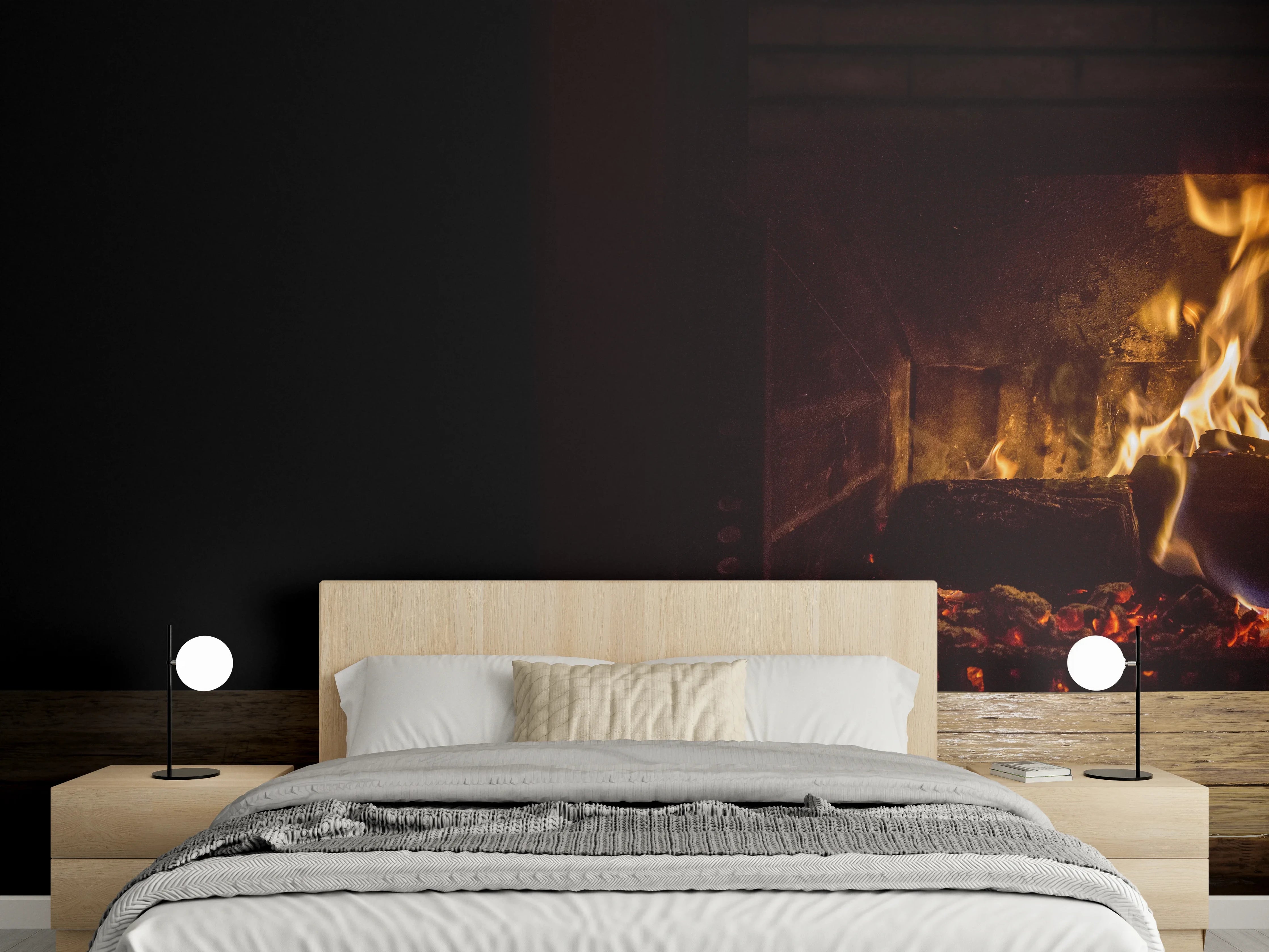 Wandverkleidung Schlafzimmer - Kaminfeuer vor Holztisch