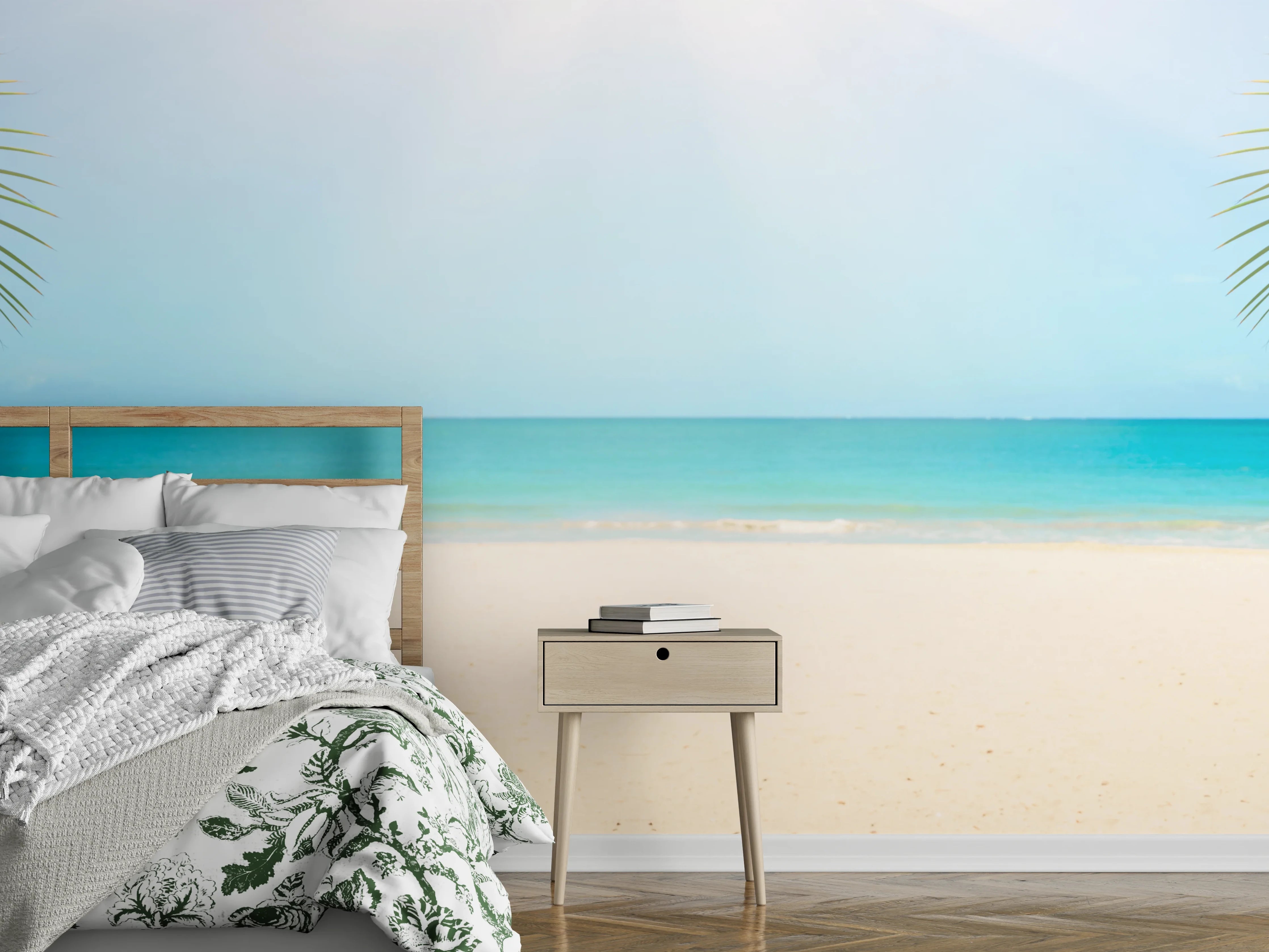 Wandverkleidung Schlafzimmer - Karibischer Sandstrand Oase Fototapete