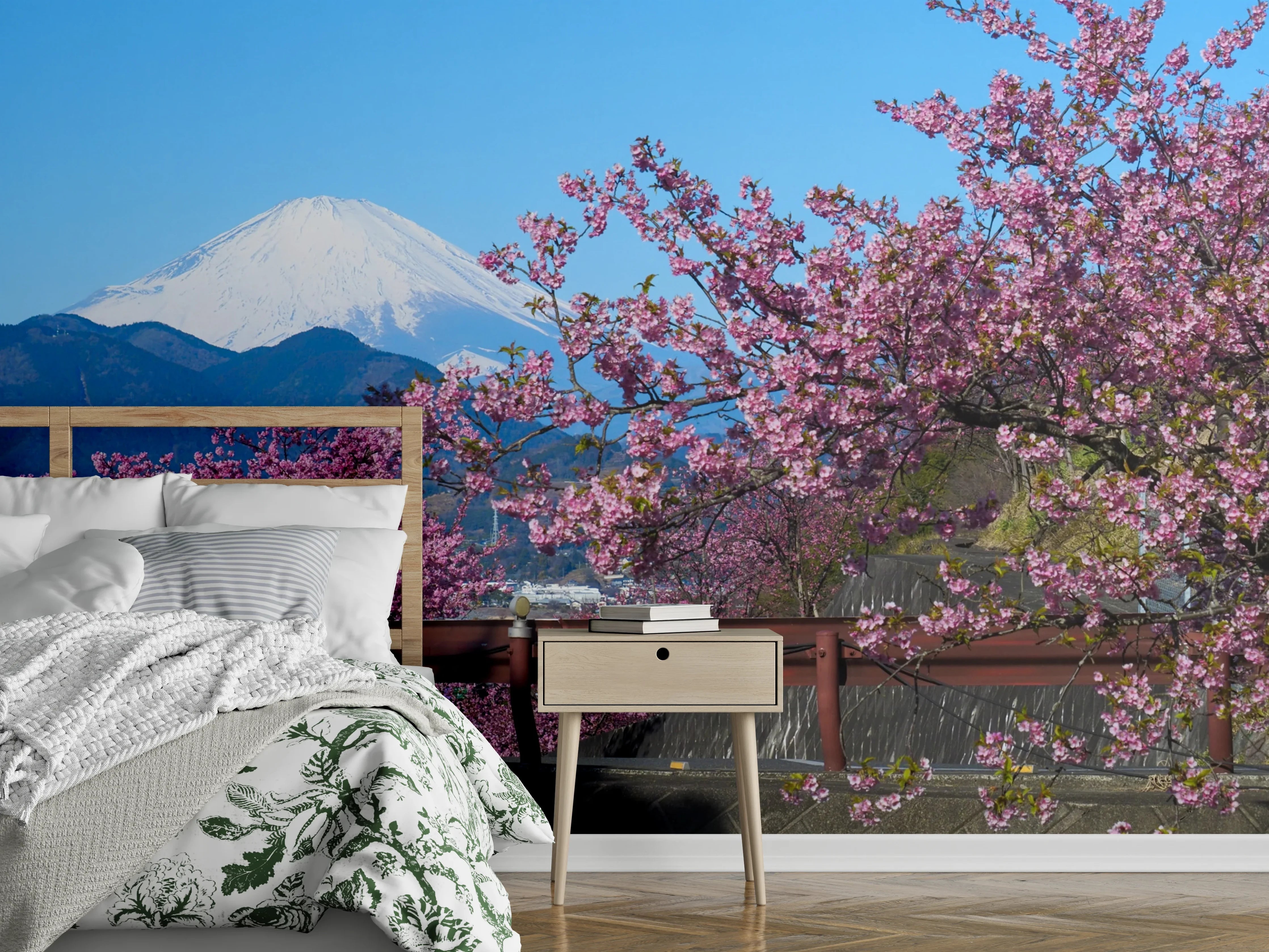 Wandverkleidung Schlafzimmer - Kirschblüte vor Fuji – Japan Panorama