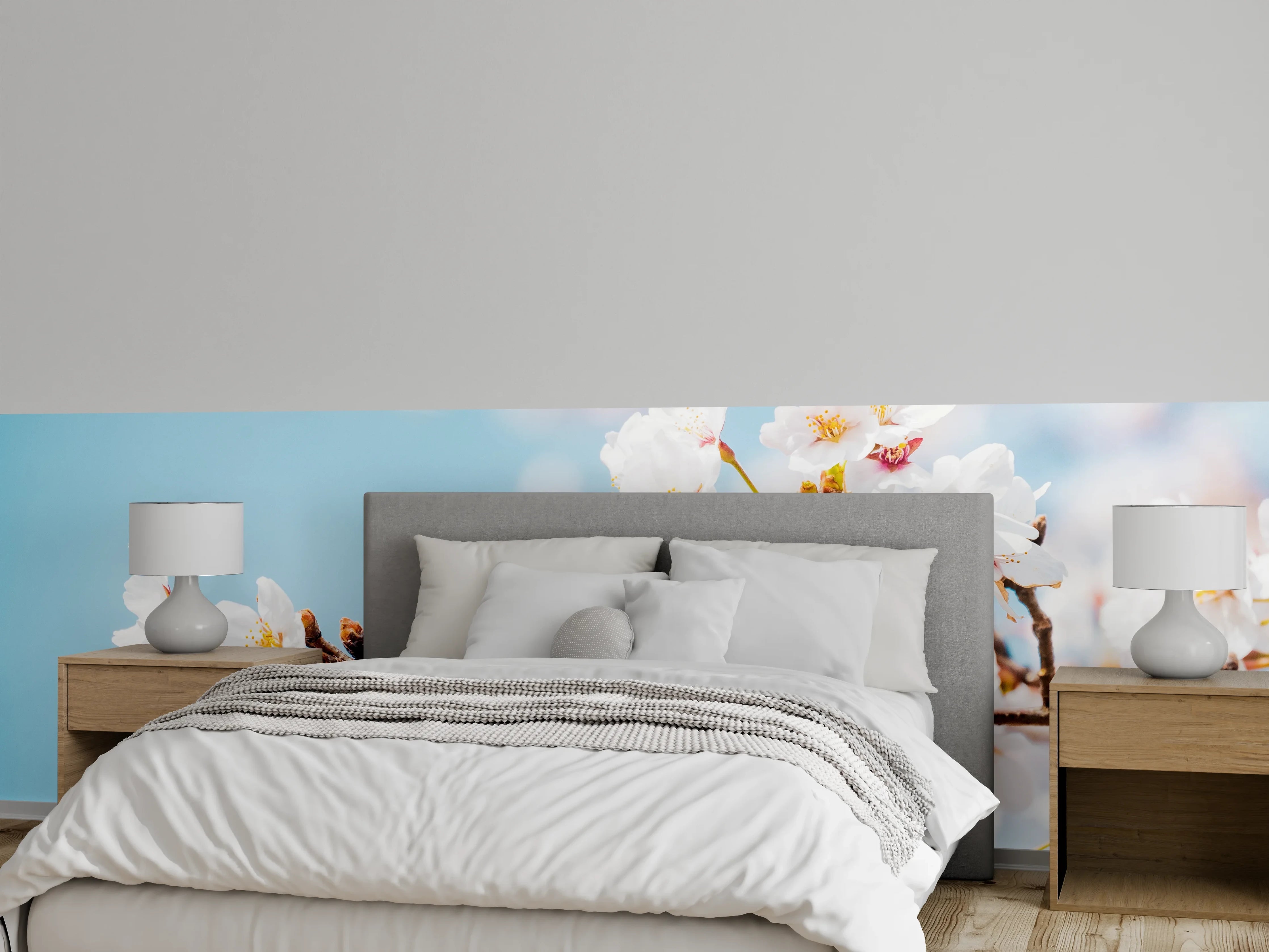 Wandverkleidung Schlafzimmer - Kirschblüten Zweig auf blauem Himmel