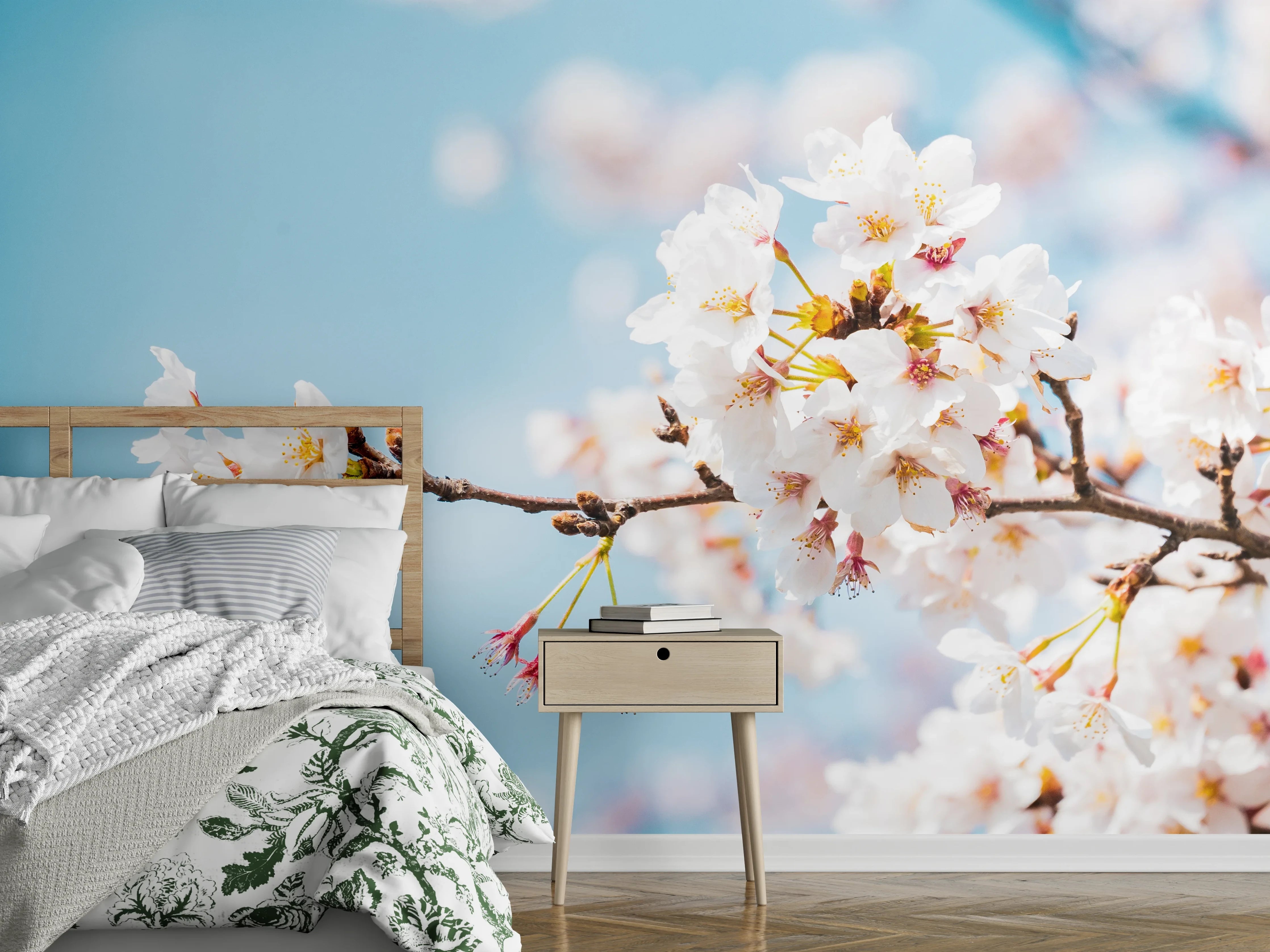Wandverkleidung Schlafzimmer - Kirschblüten Zweig auf blauem Himmel