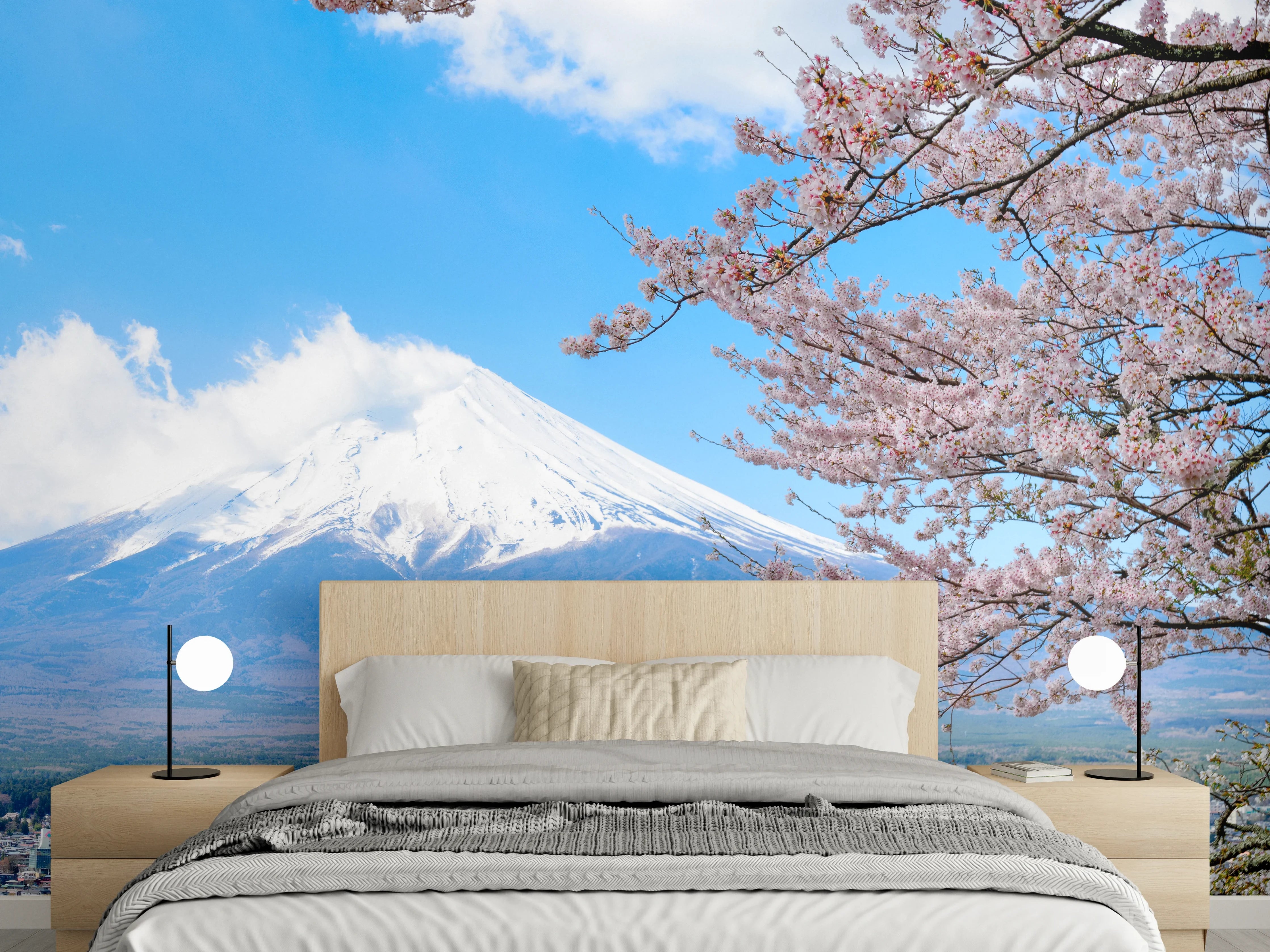 Wandverkleidung Schlafzimmer - Kirschblüten und Fuji in Japan