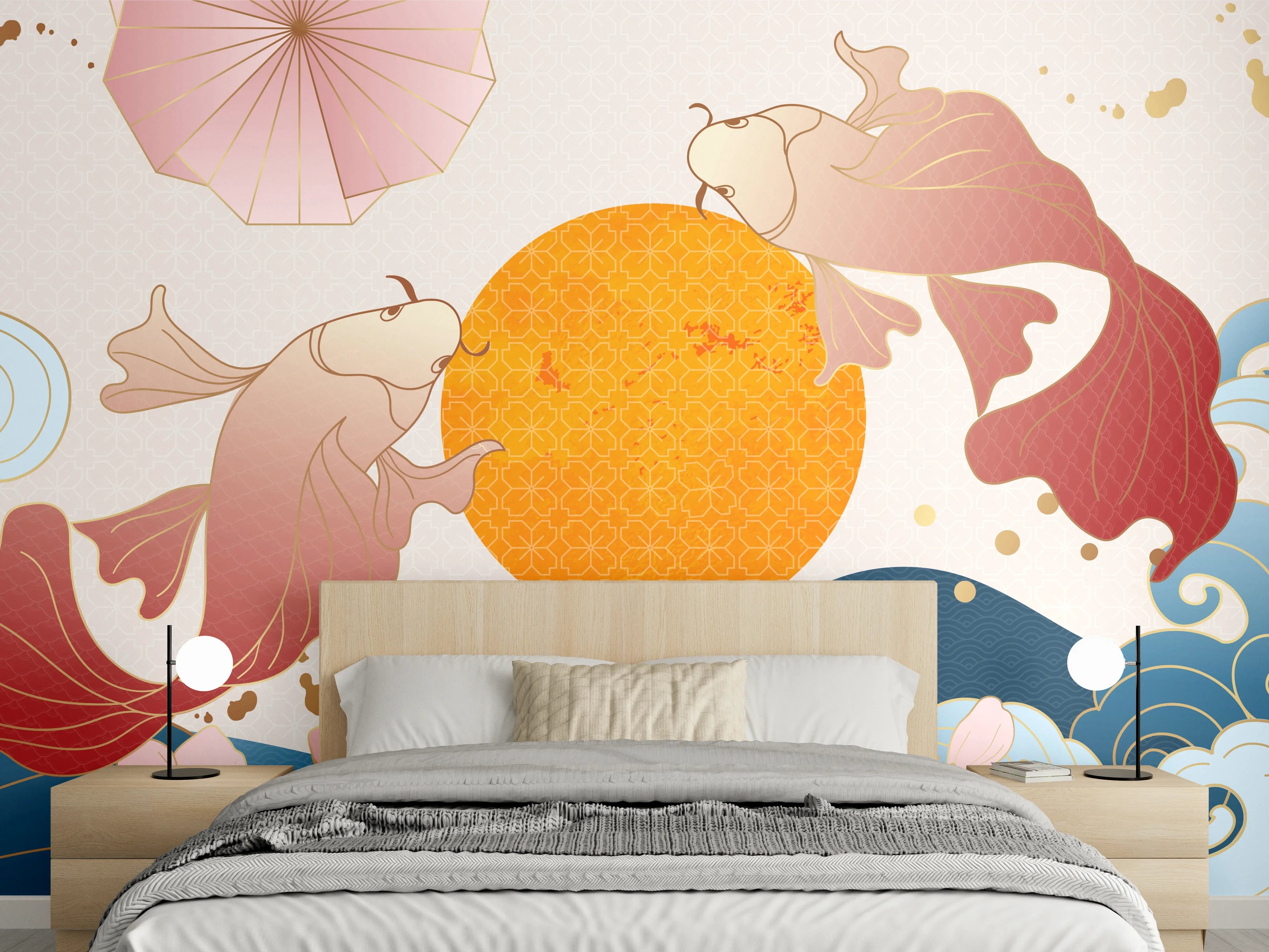 Wandverkleidung Schlafzimmer - Koi-Karpfen-Ornament-Grafik