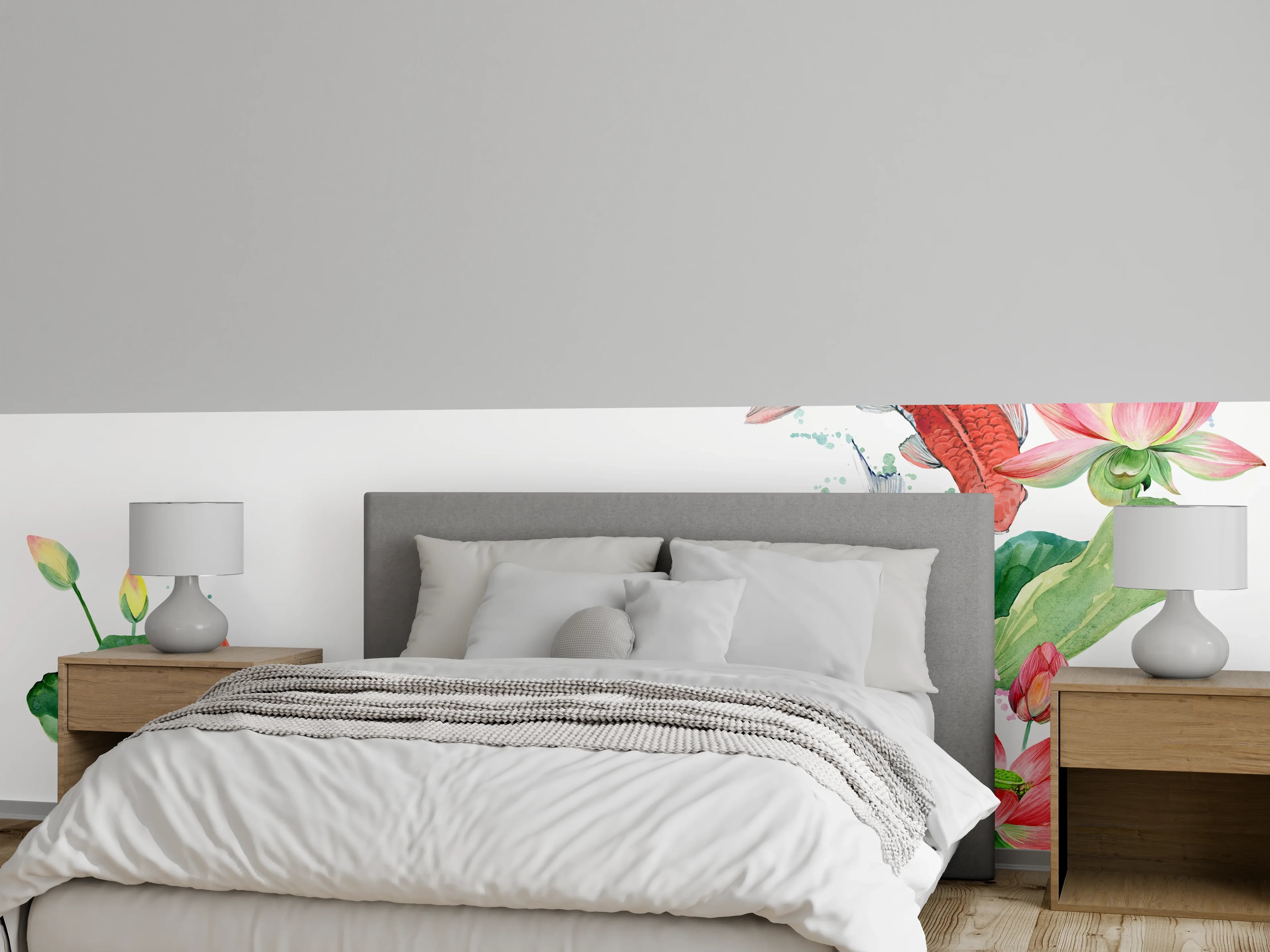 Wandverkleidung Schlafzimmer - Koi und Lotus Aquarell Kunst