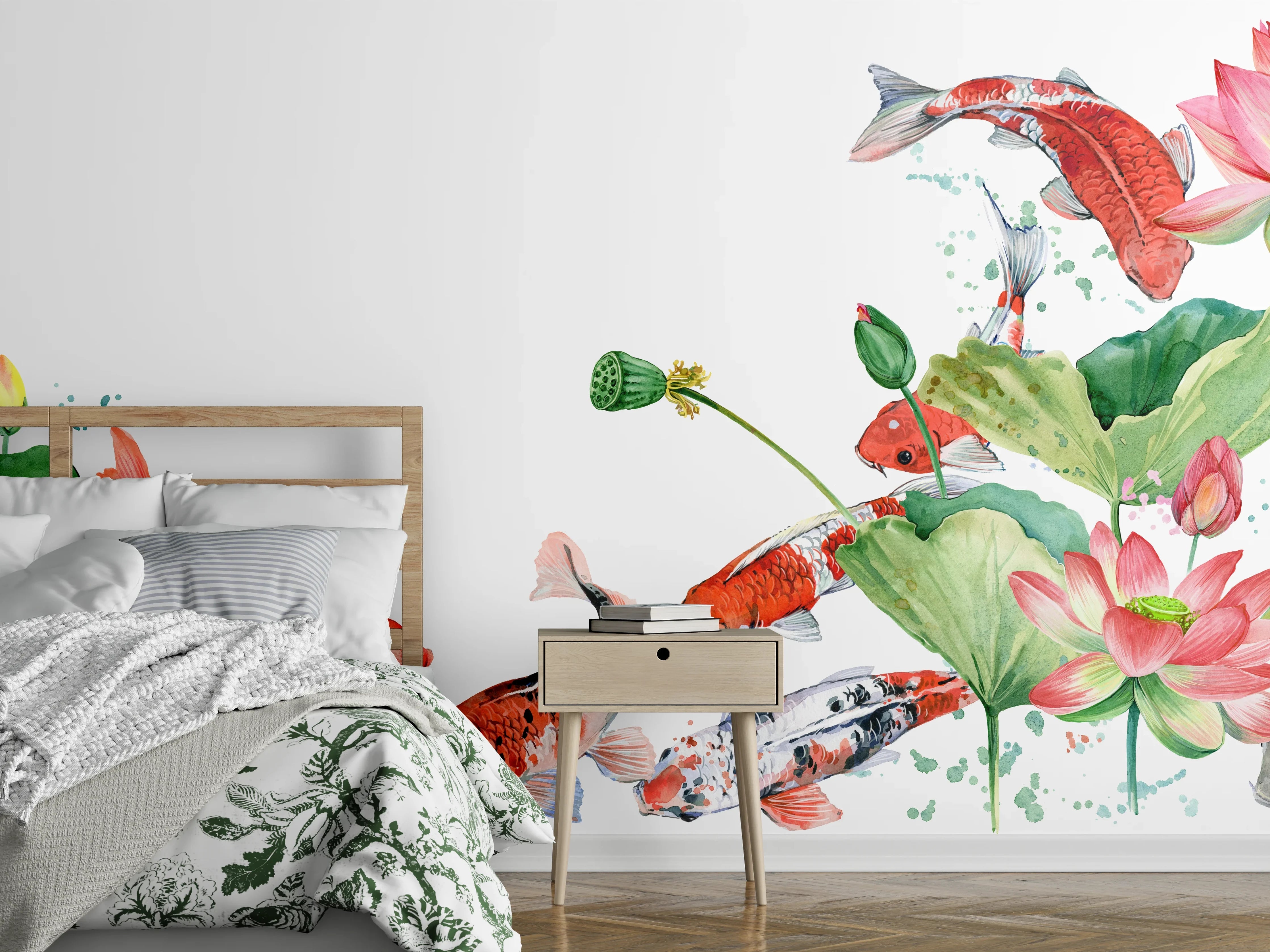 Wandverkleidung Schlafzimmer - Koi und Lotus Aquarell Kunst