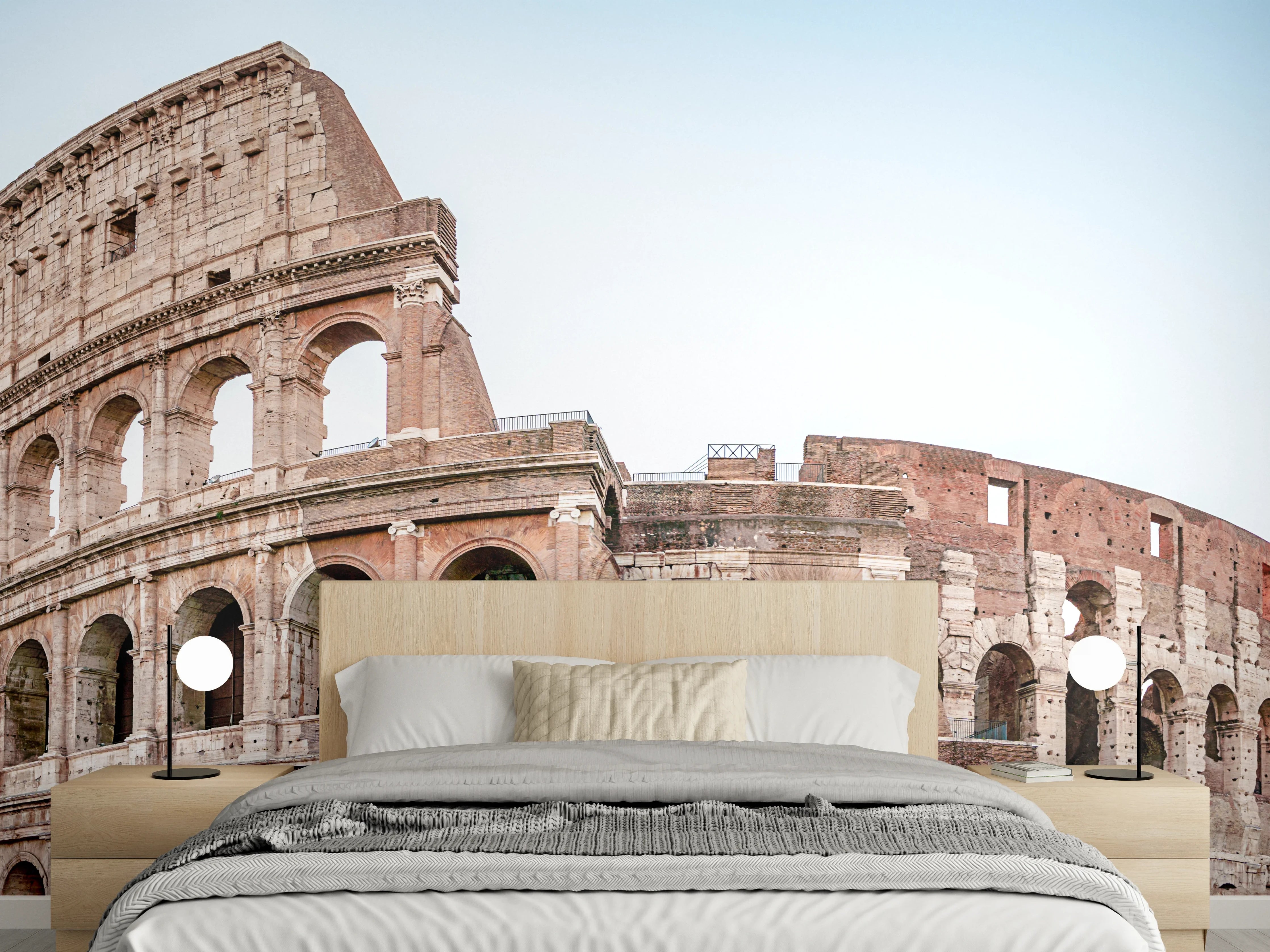 Wandverkleidung Schlafzimmer - Kolosseum Panorama Rom Beige-Blau