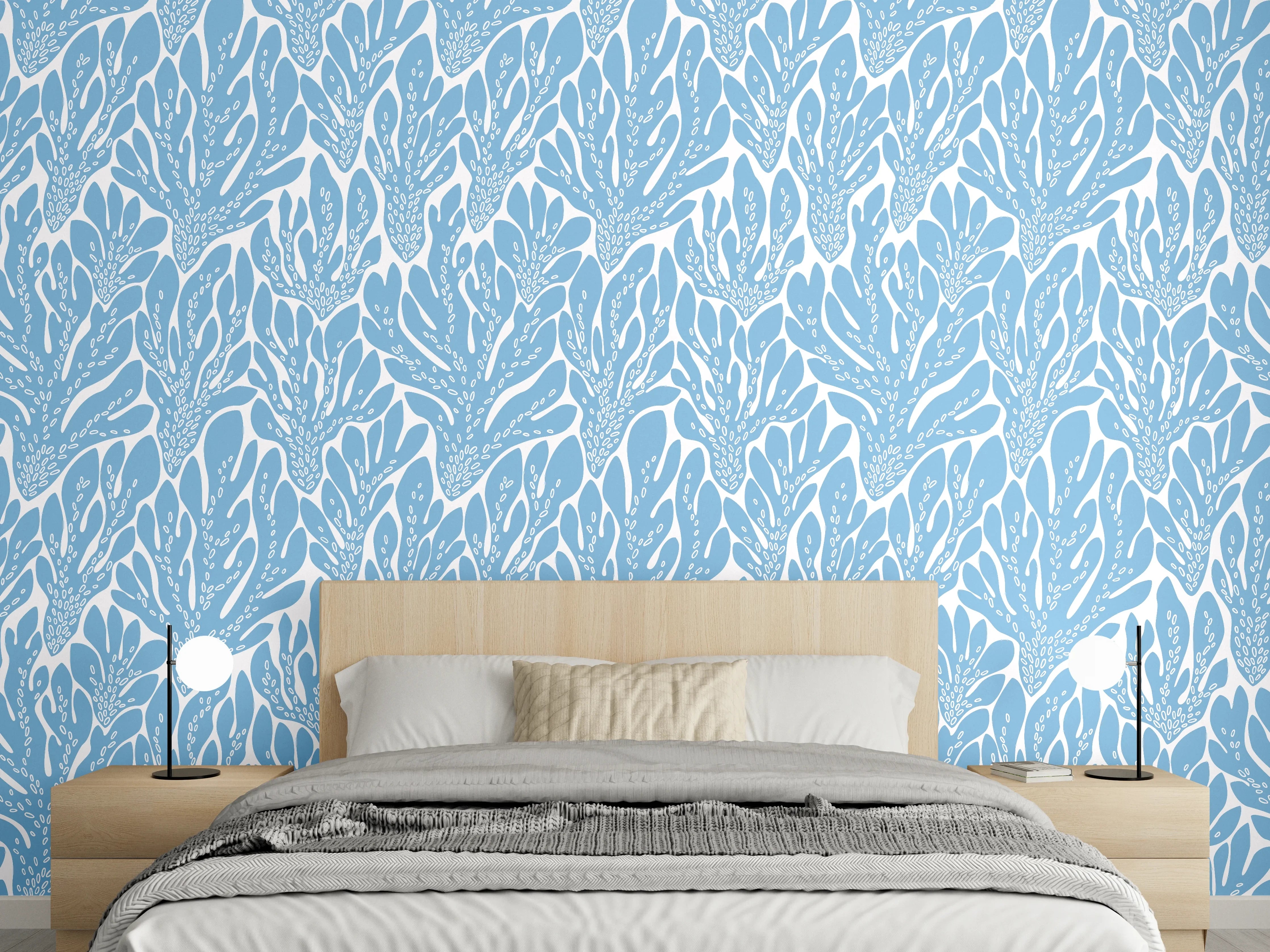 Wandverkleidung Schlafzimmer - Korallen-Abstract Blau-Weiß