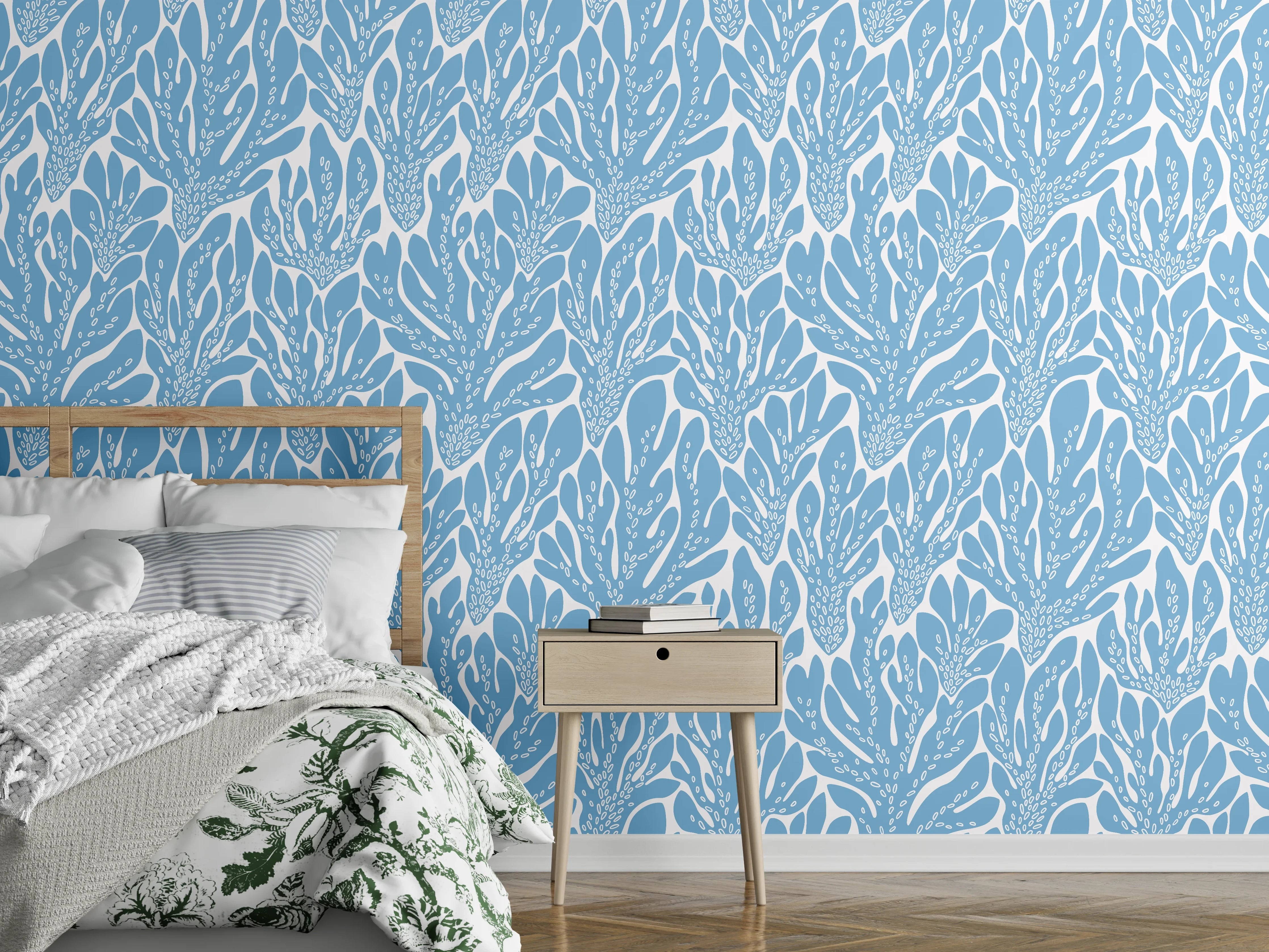 Wandverkleidung Schlafzimmer - Korallen-Abstract Blau-Weiß