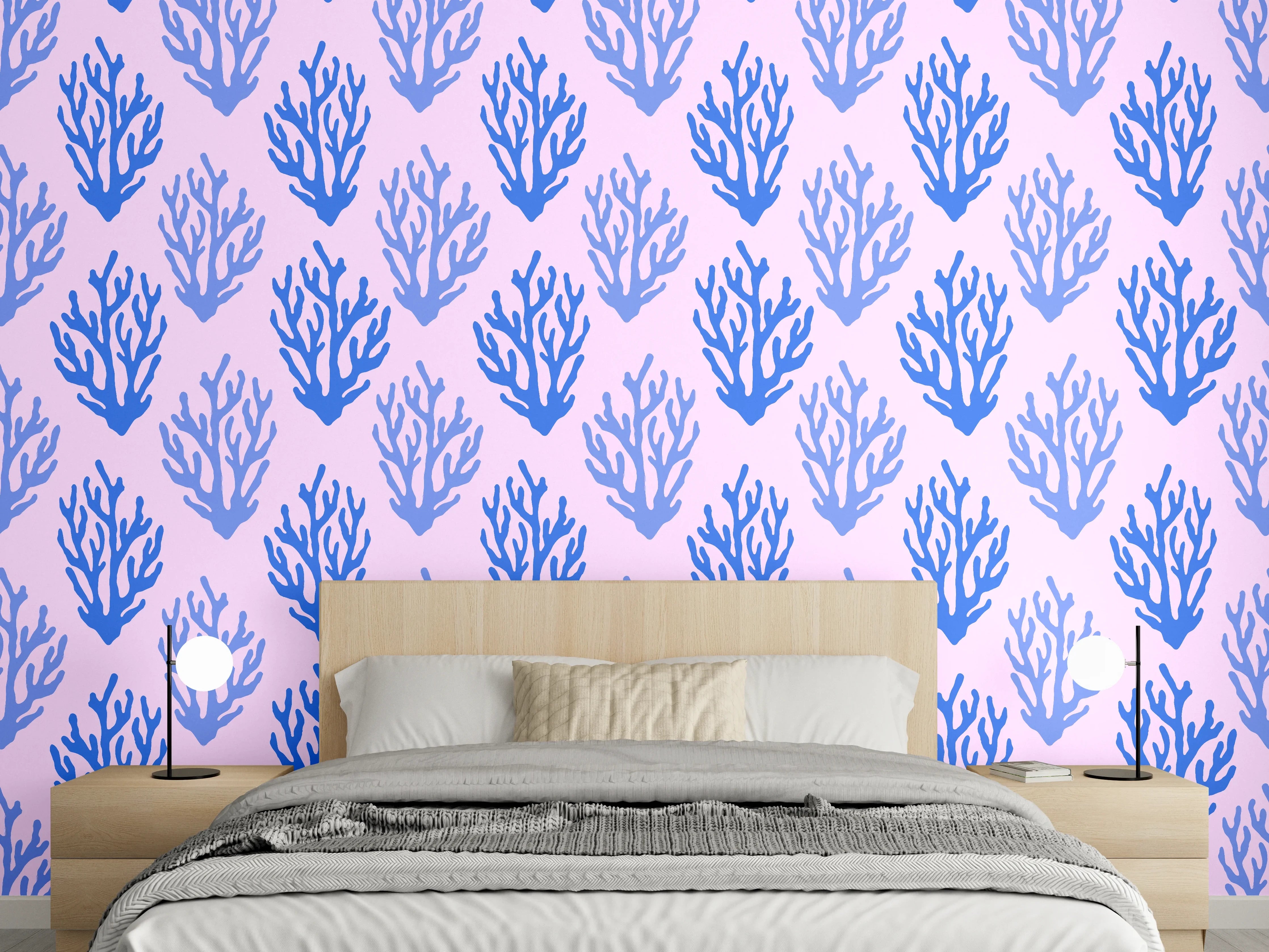 Wandverkleidung Schlafzimmer - Korallenmuster Blau-Rosa