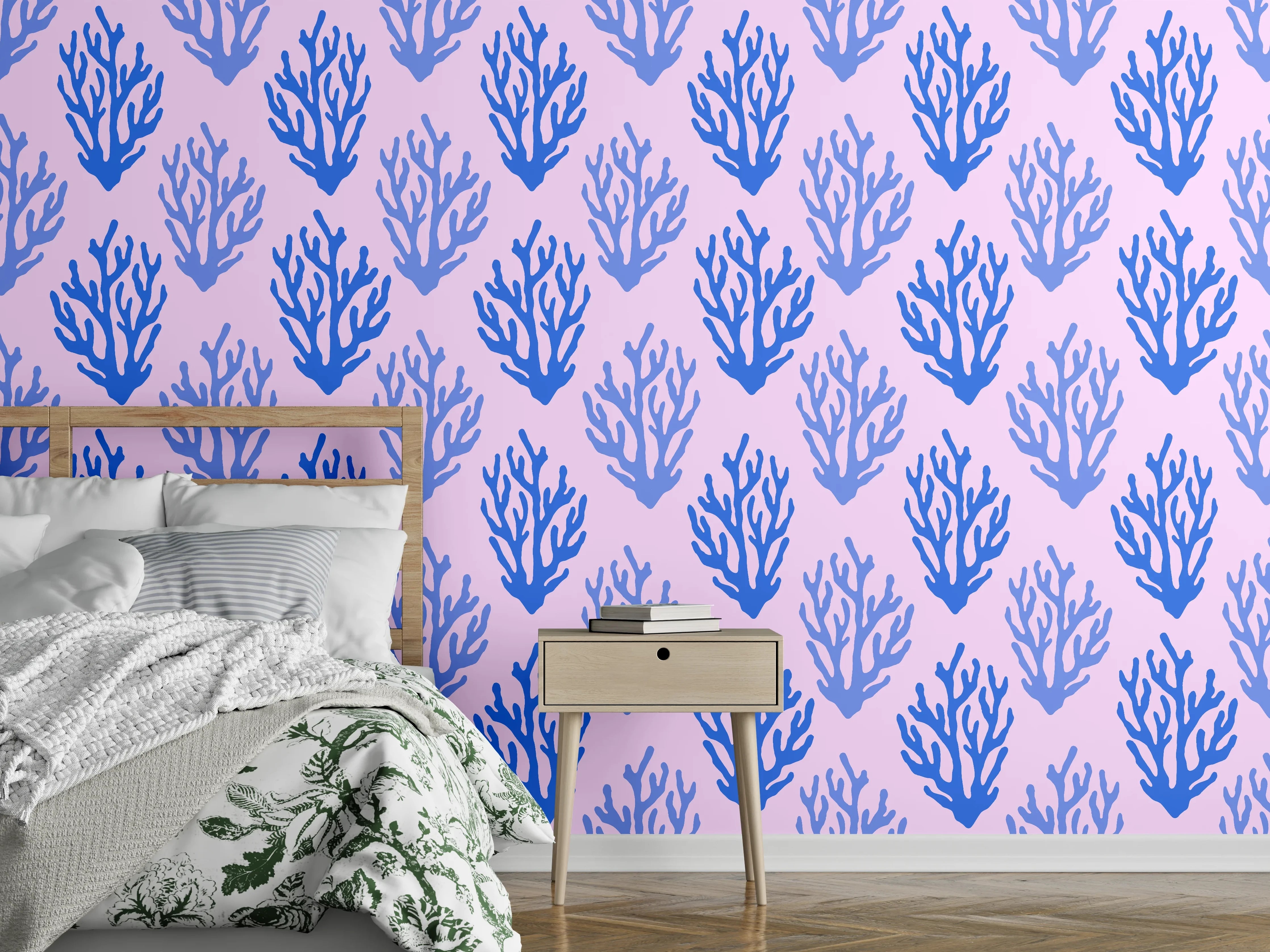 Wandverkleidung Schlafzimmer - Korallenmuster Blau-Rosa