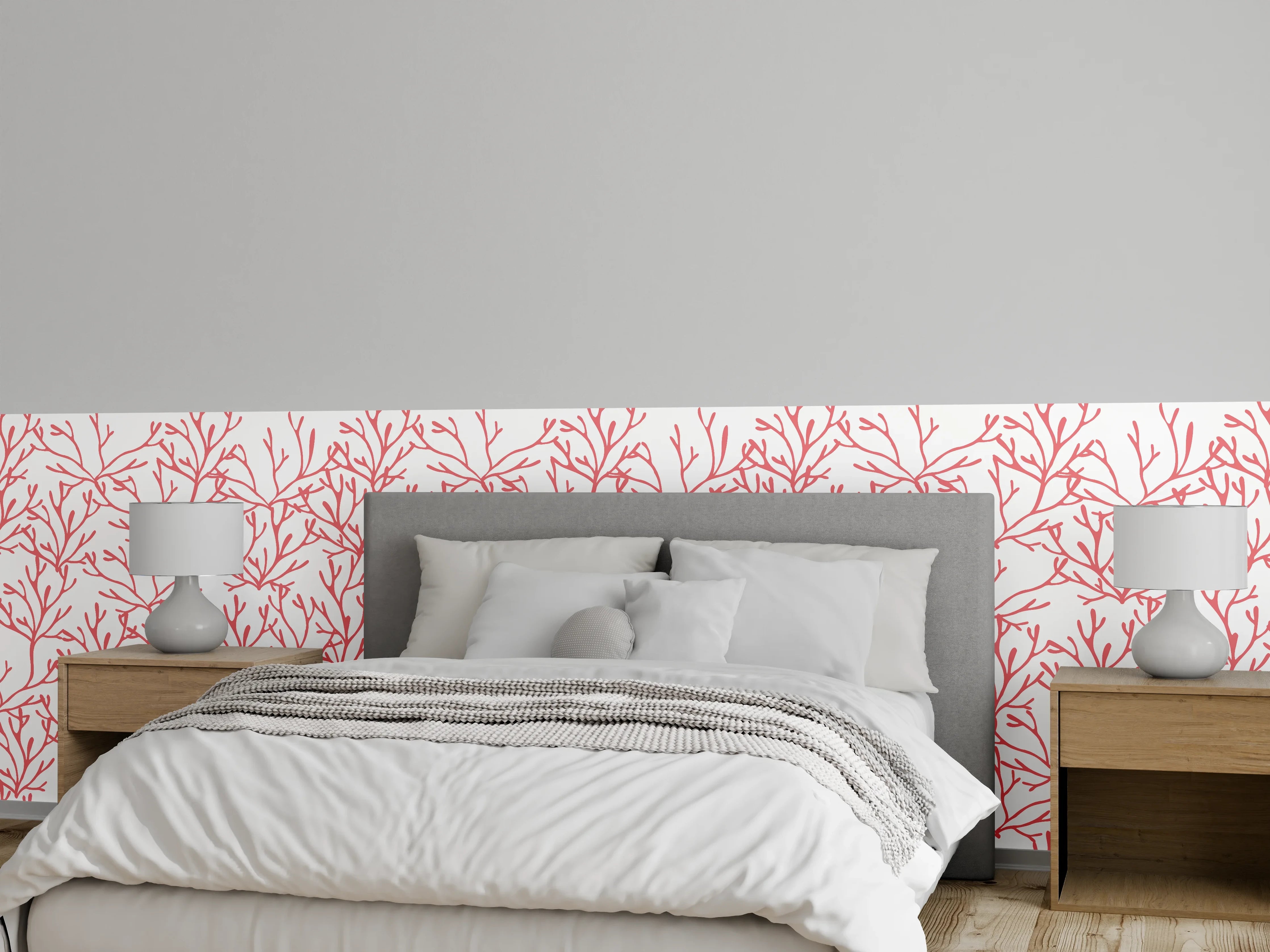 Wandverkleidung Schlafzimmer - Korallenmuster Rosa auf Weiß