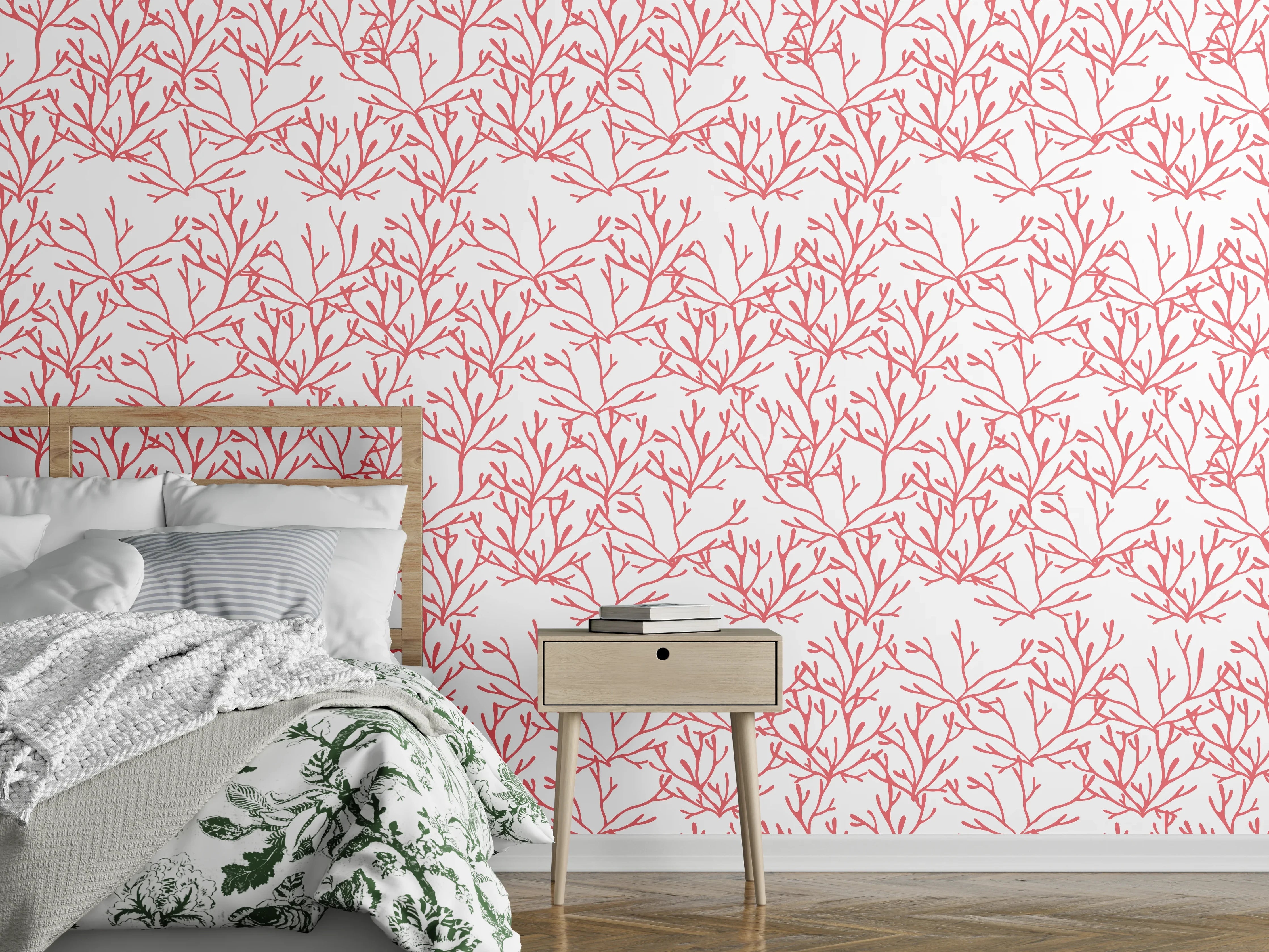Wandverkleidung Schlafzimmer - Korallenmuster Rosa auf Weiß