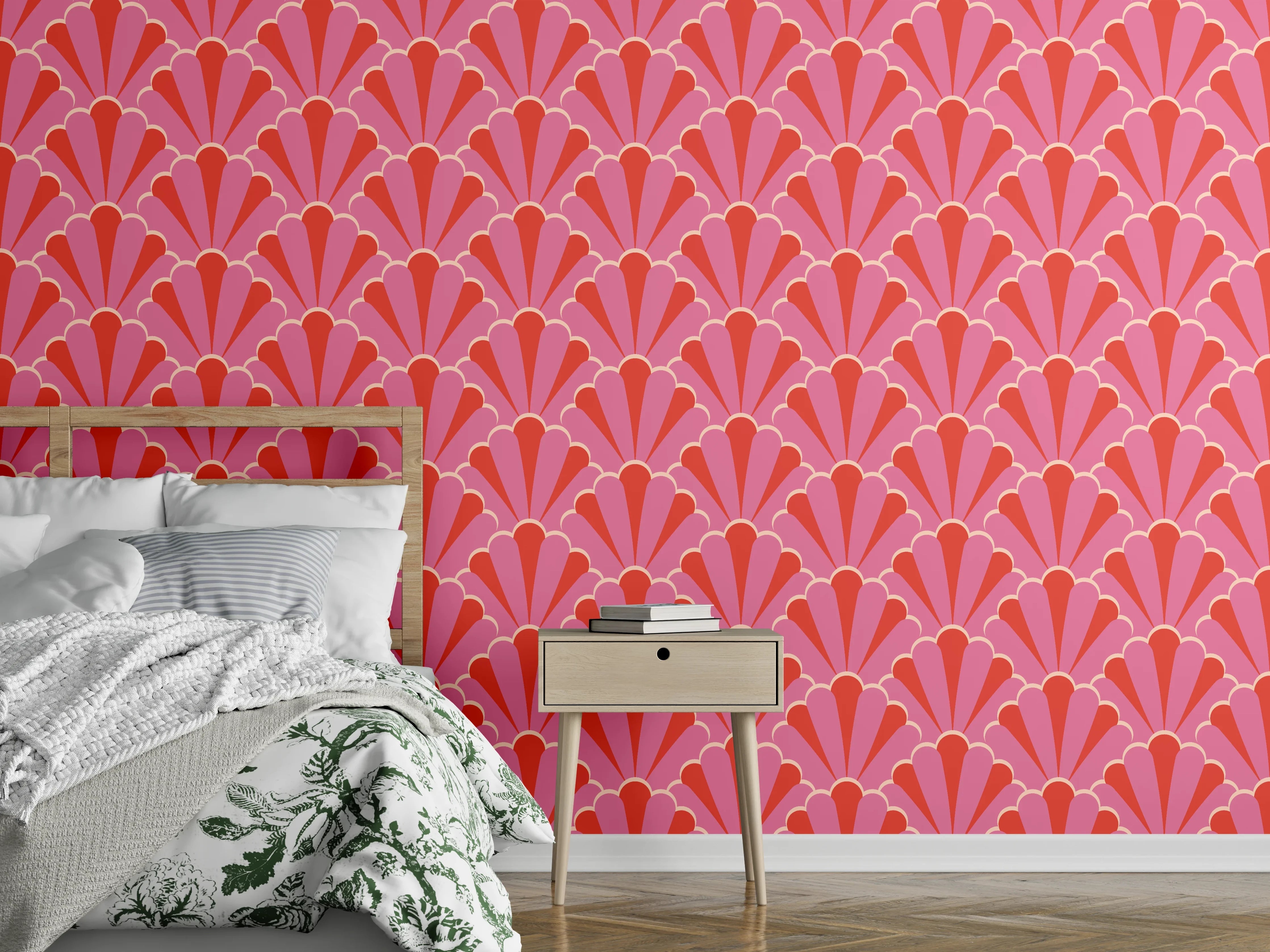 Wandverkleidung Schlafzimmer - Korallenrosa Muschel-Tapete