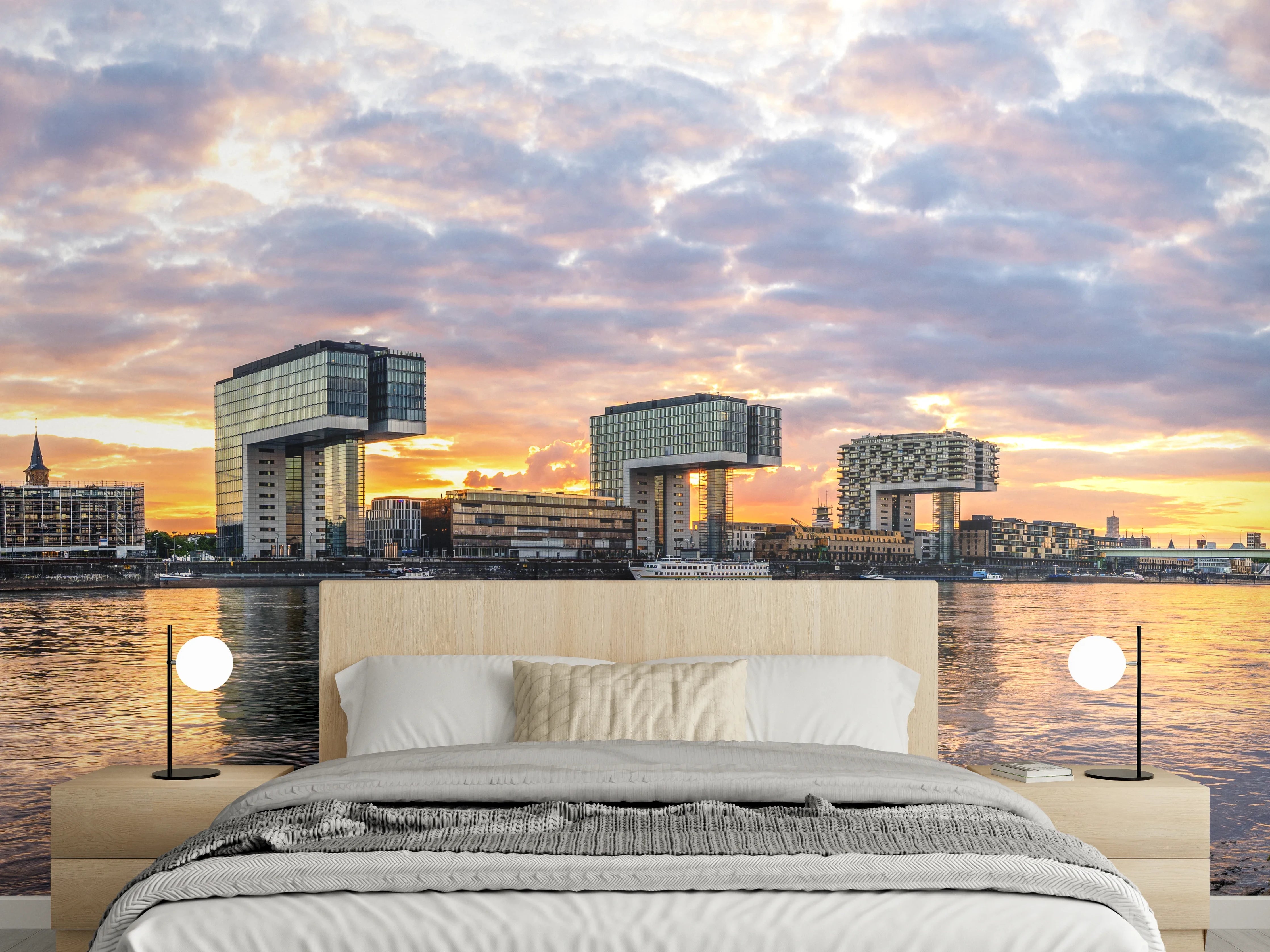Wandverkleidung Schlafzimmer - Kranhäuser Köln Panorama Sonnenuntergang