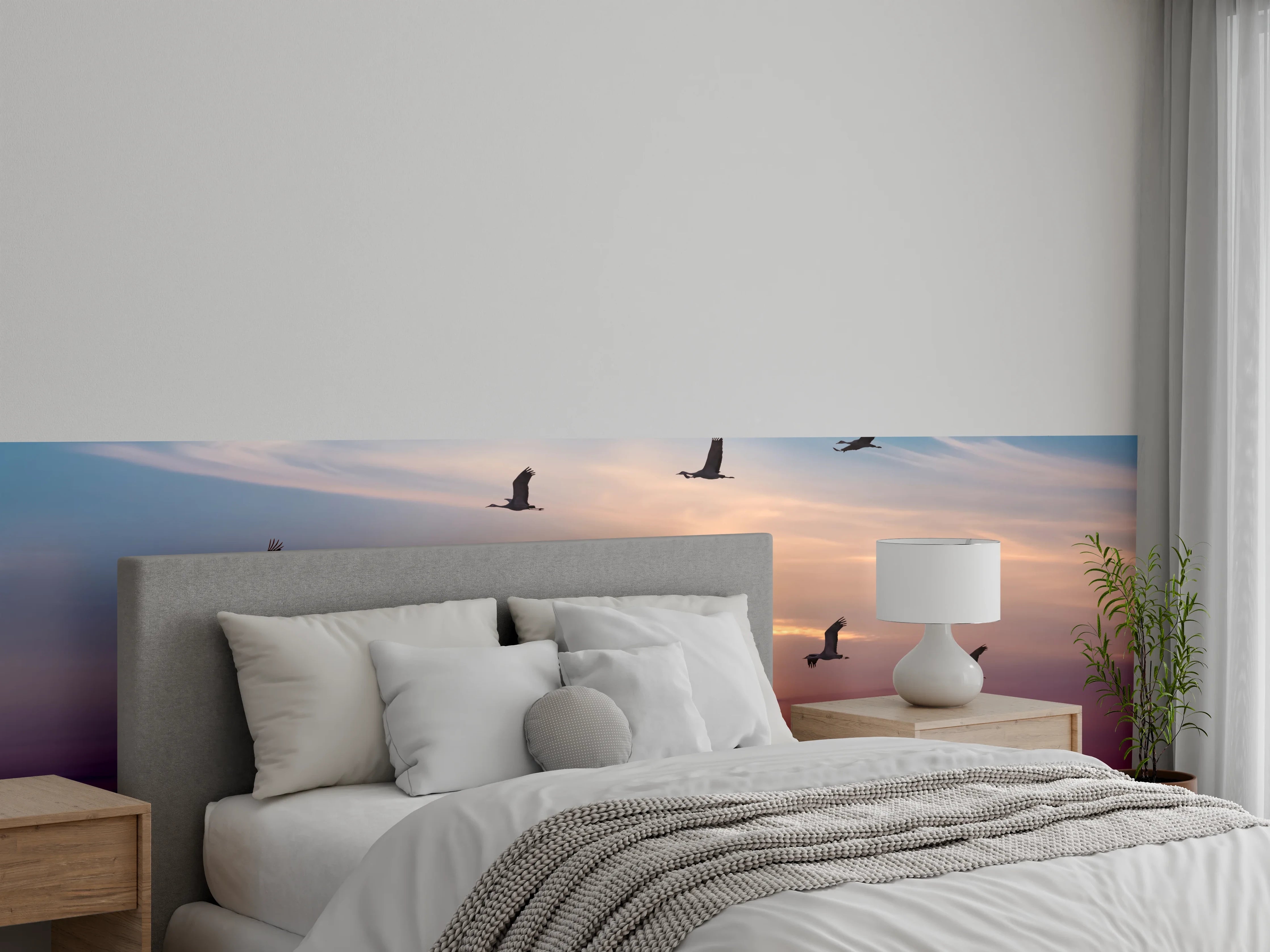 Wandverkleidung Schlafzimmer - Kraniche bei Sonnenuntergang Wandbild