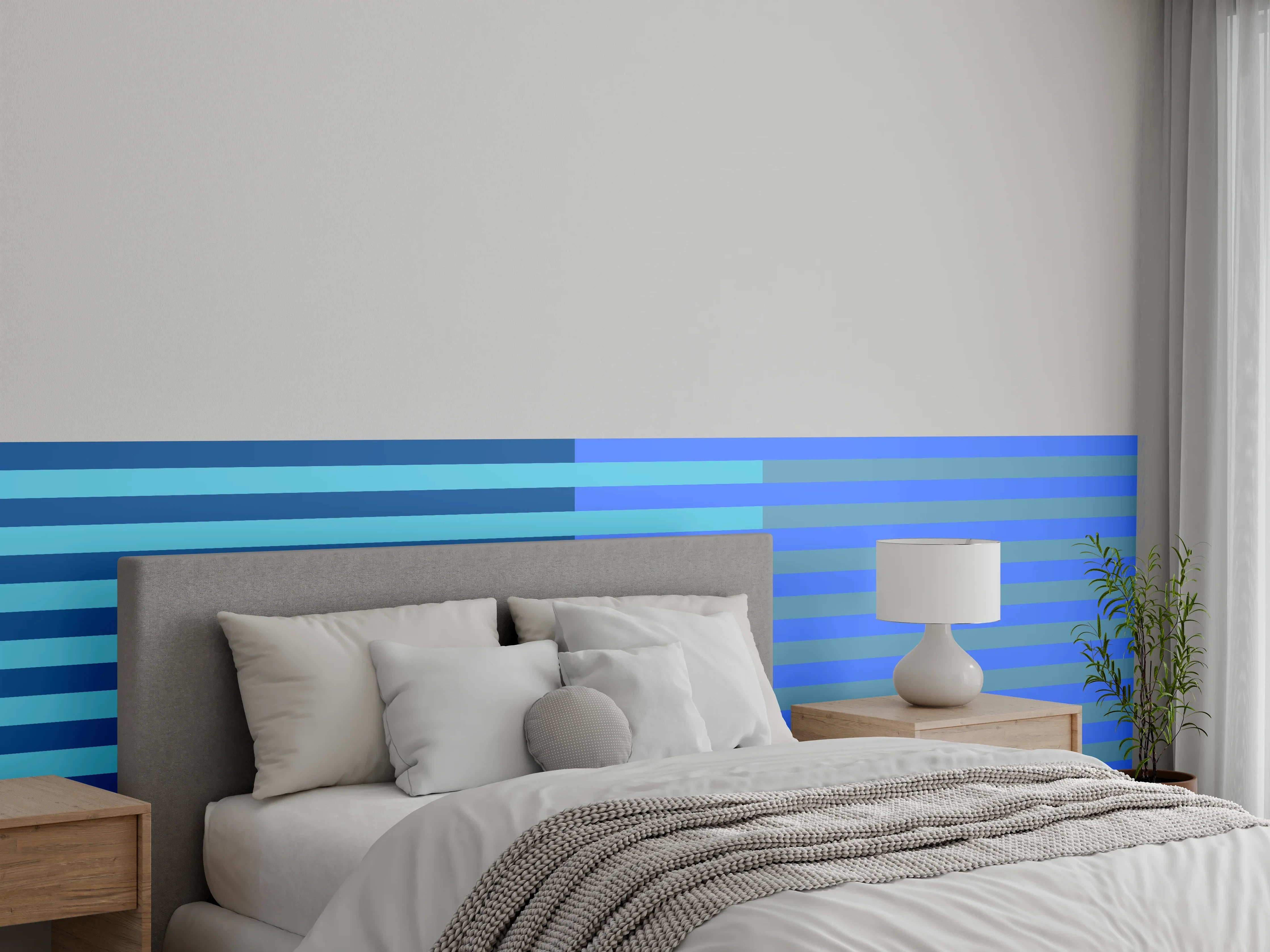 Wandverkleidung Schlafzimmer - Kühle Streifen in Blau und Grau