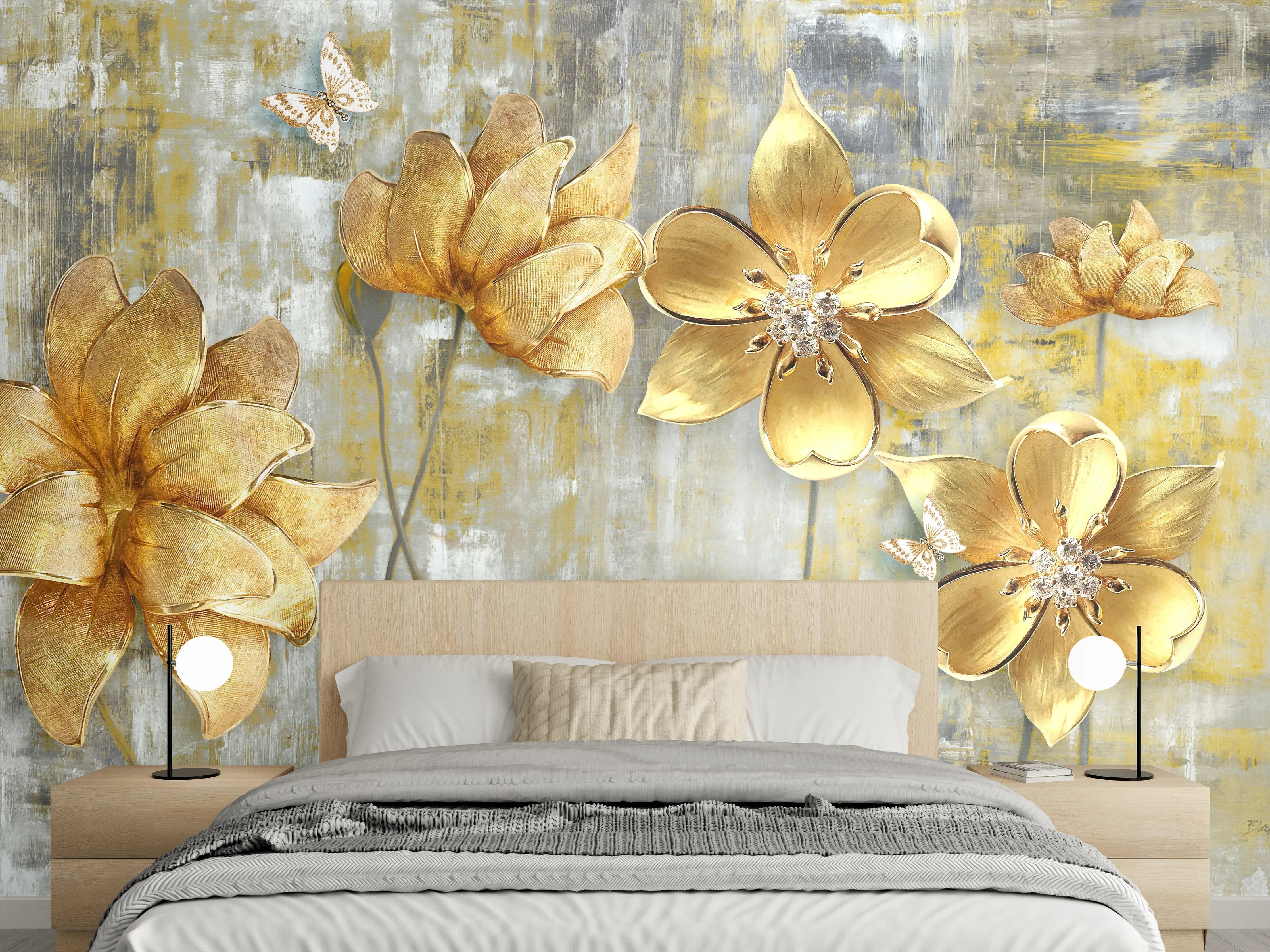 Wandverkleidung Schlafzimmer - Künstlerische Blattgold-Blumen