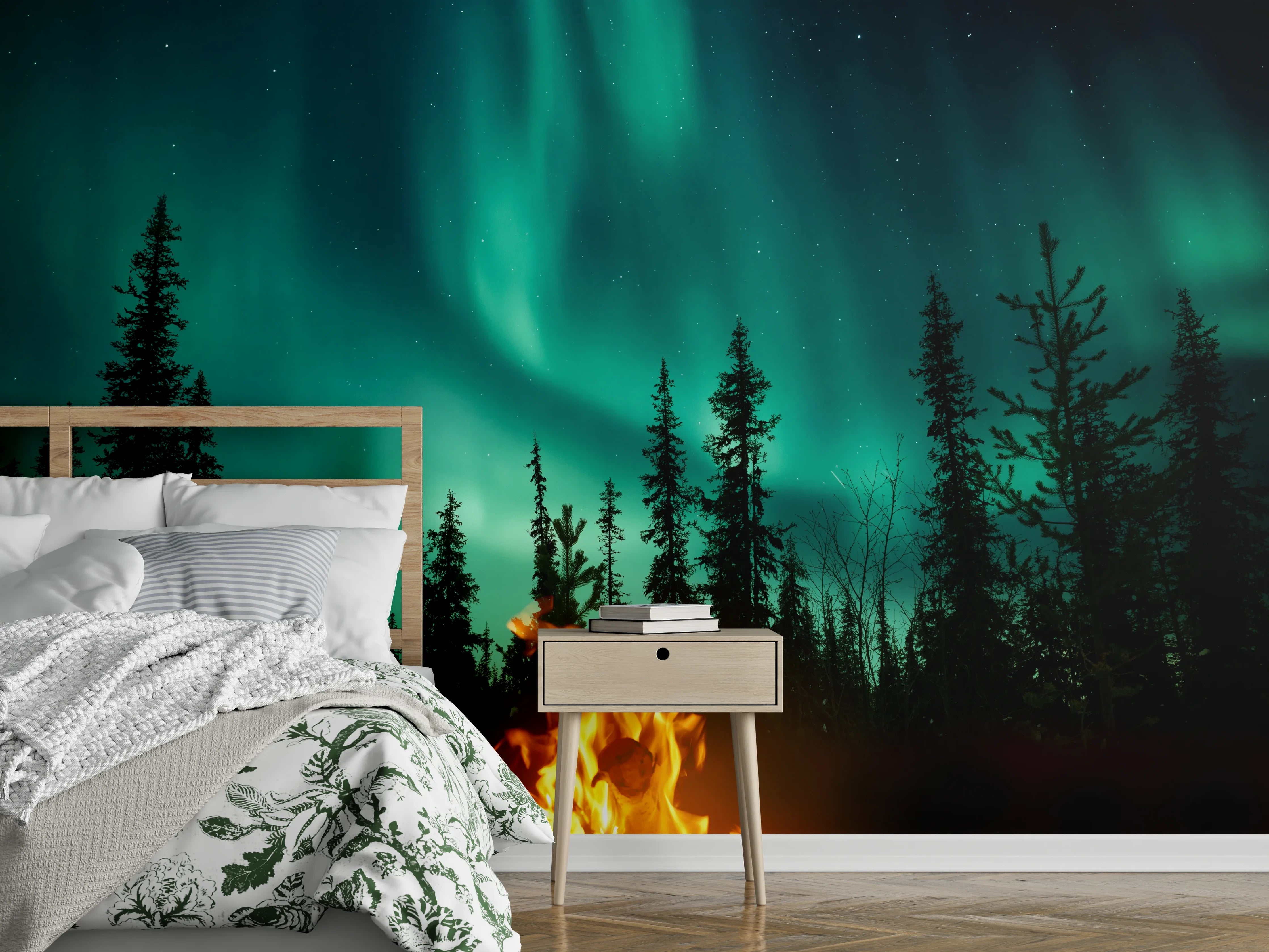 Wandverkleidung Schlafzimmer - Lagerfeuer mit Nordlichtern in den Wäldern Schwedens
