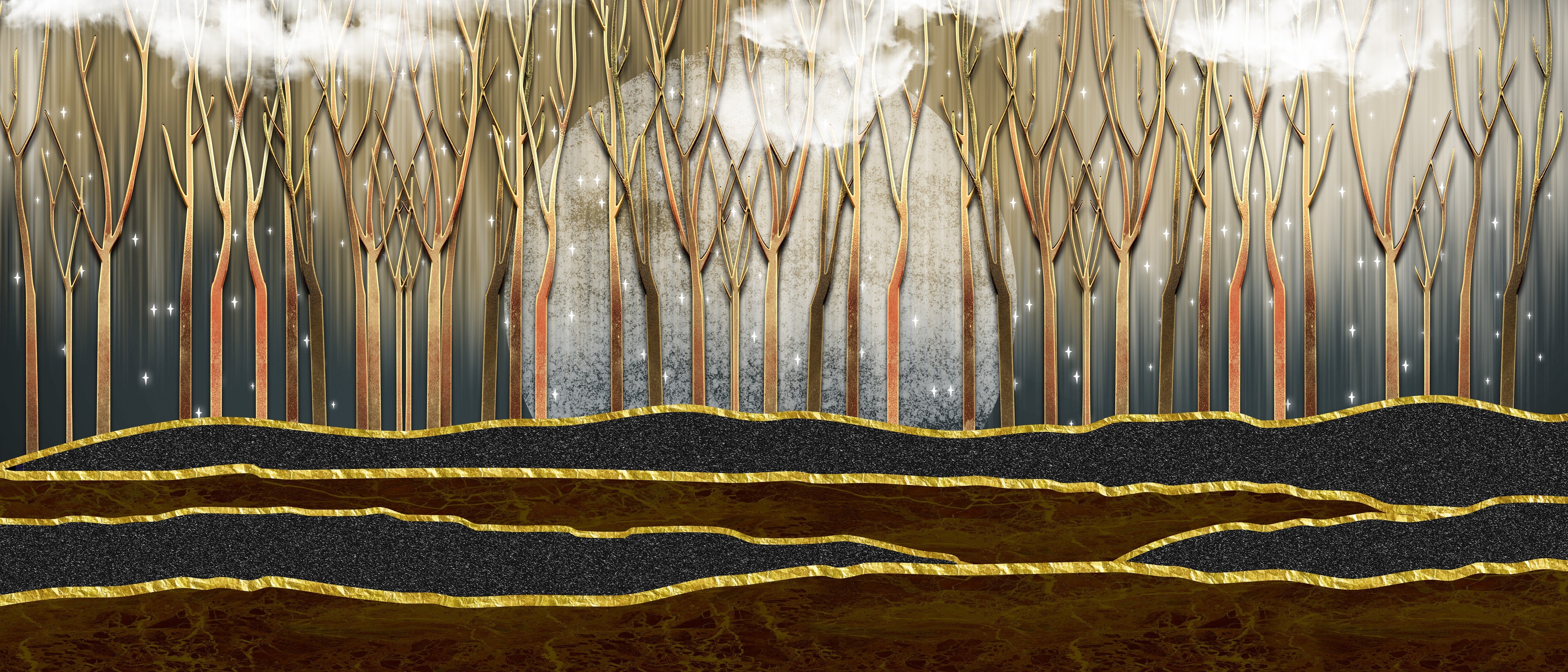Wandverkleidung Schlafzimmer-Landschafts Kunst- goldene Bäume