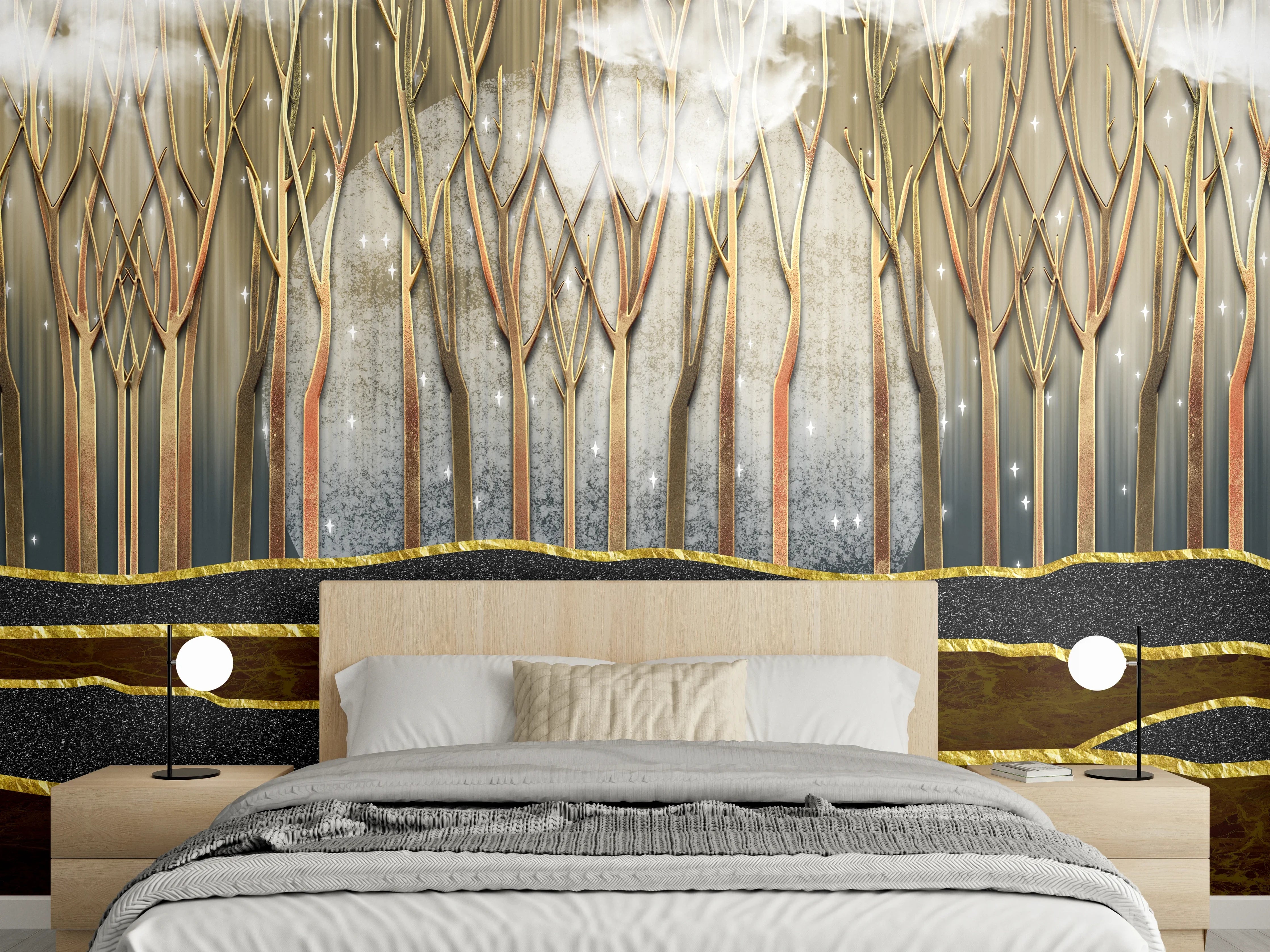 Wandverkleidung Schlafzimmer - Landschafts Kunst- goldene Bäume