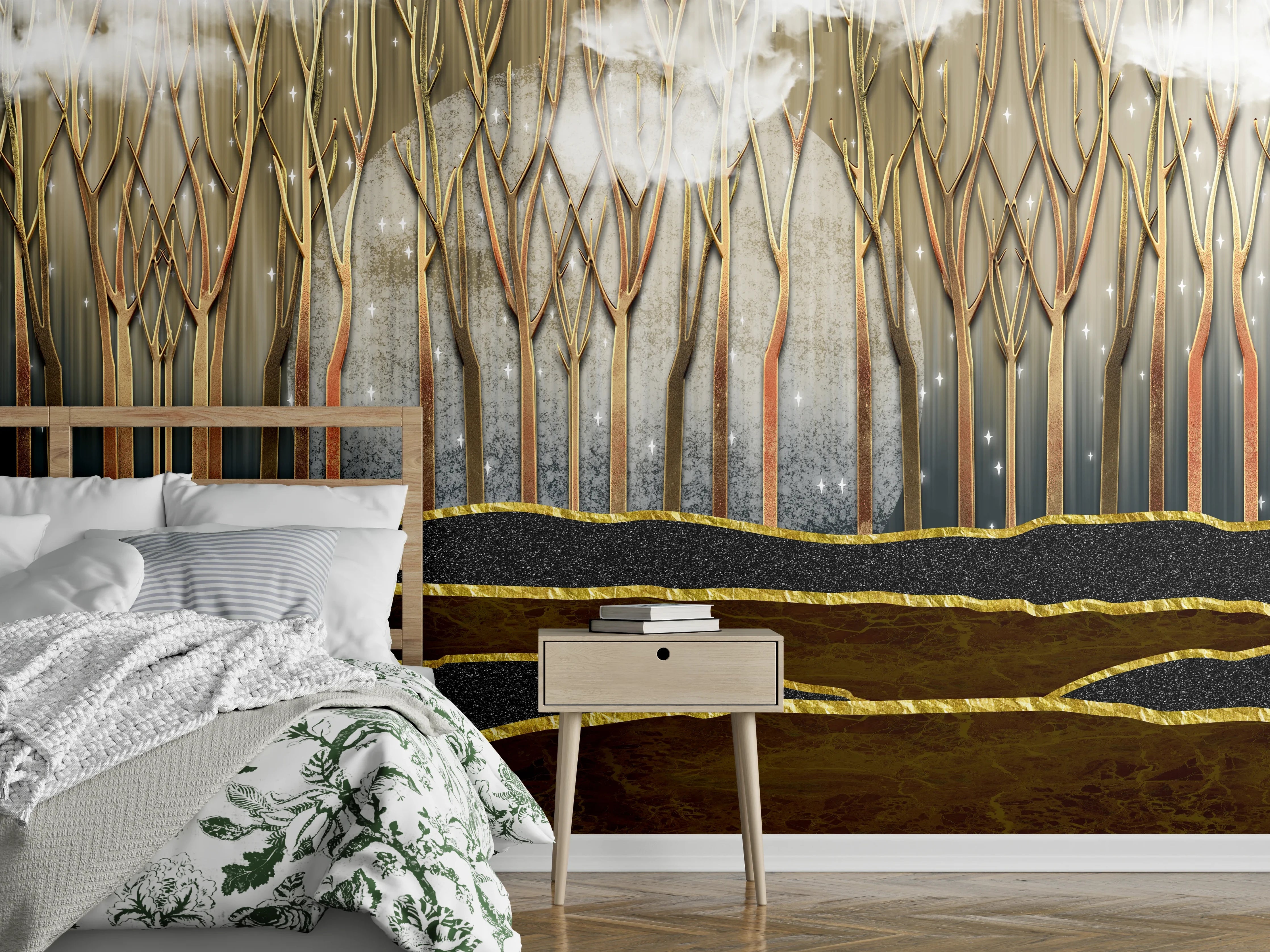 Wandverkleidung Schlafzimmer - Landschafts Kunst- goldene Bäume