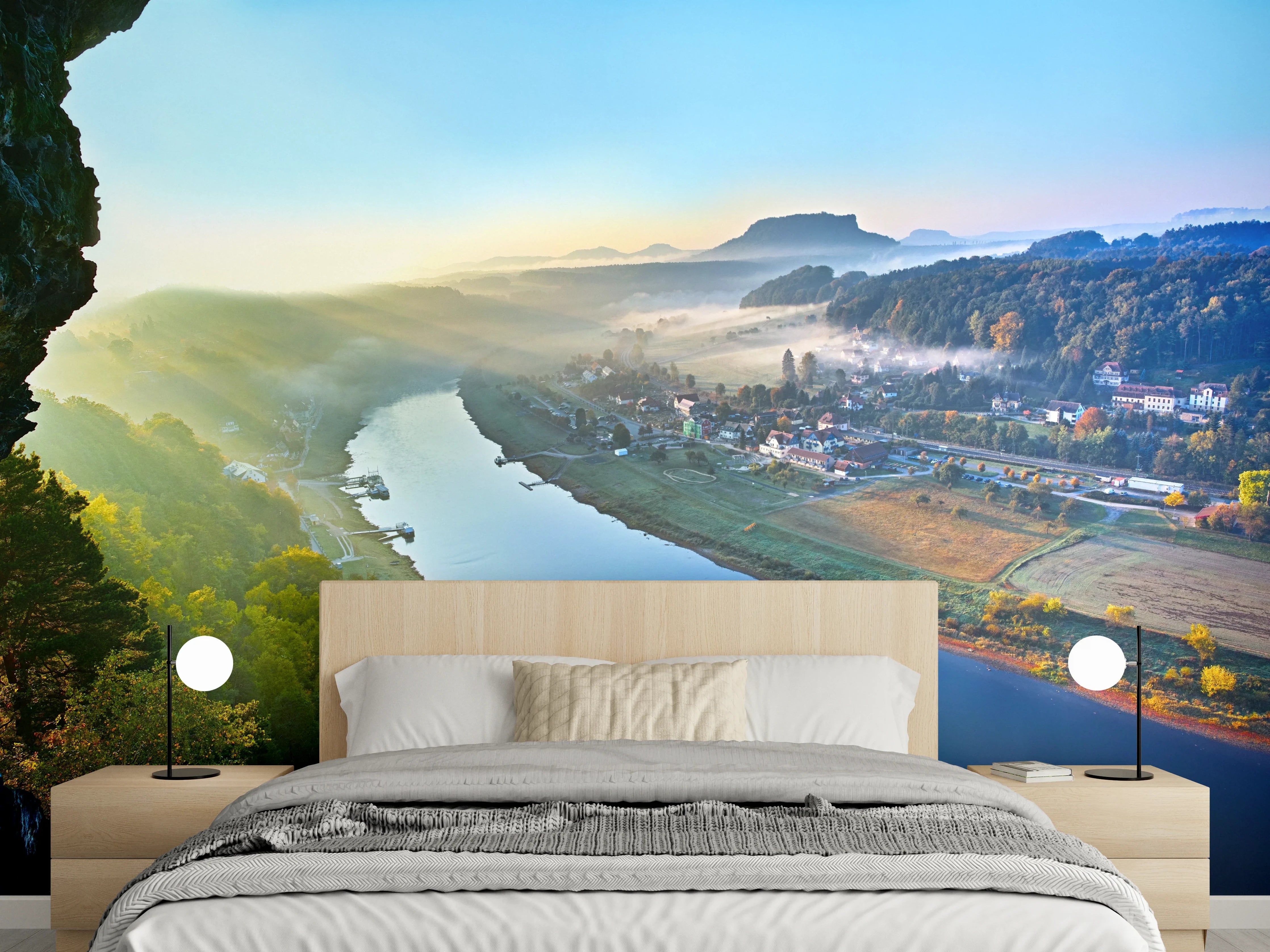 Wandverkleidung Schlafzimmer - Landschaftspanorama Elbtal im Morgenlicht