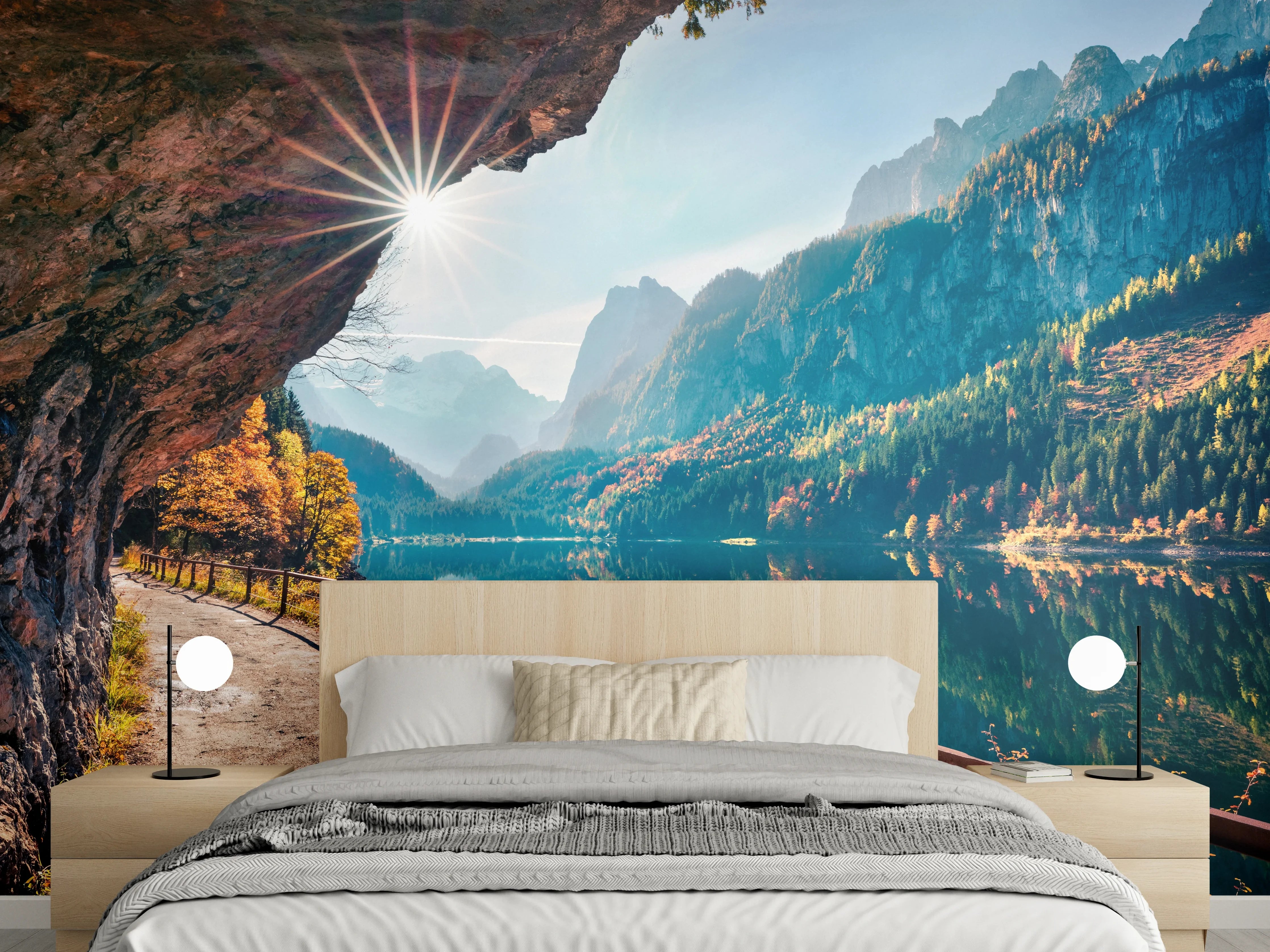 Wandverkleidung Schlafzimmer - Landschaftspanorama am See mit Bergblick