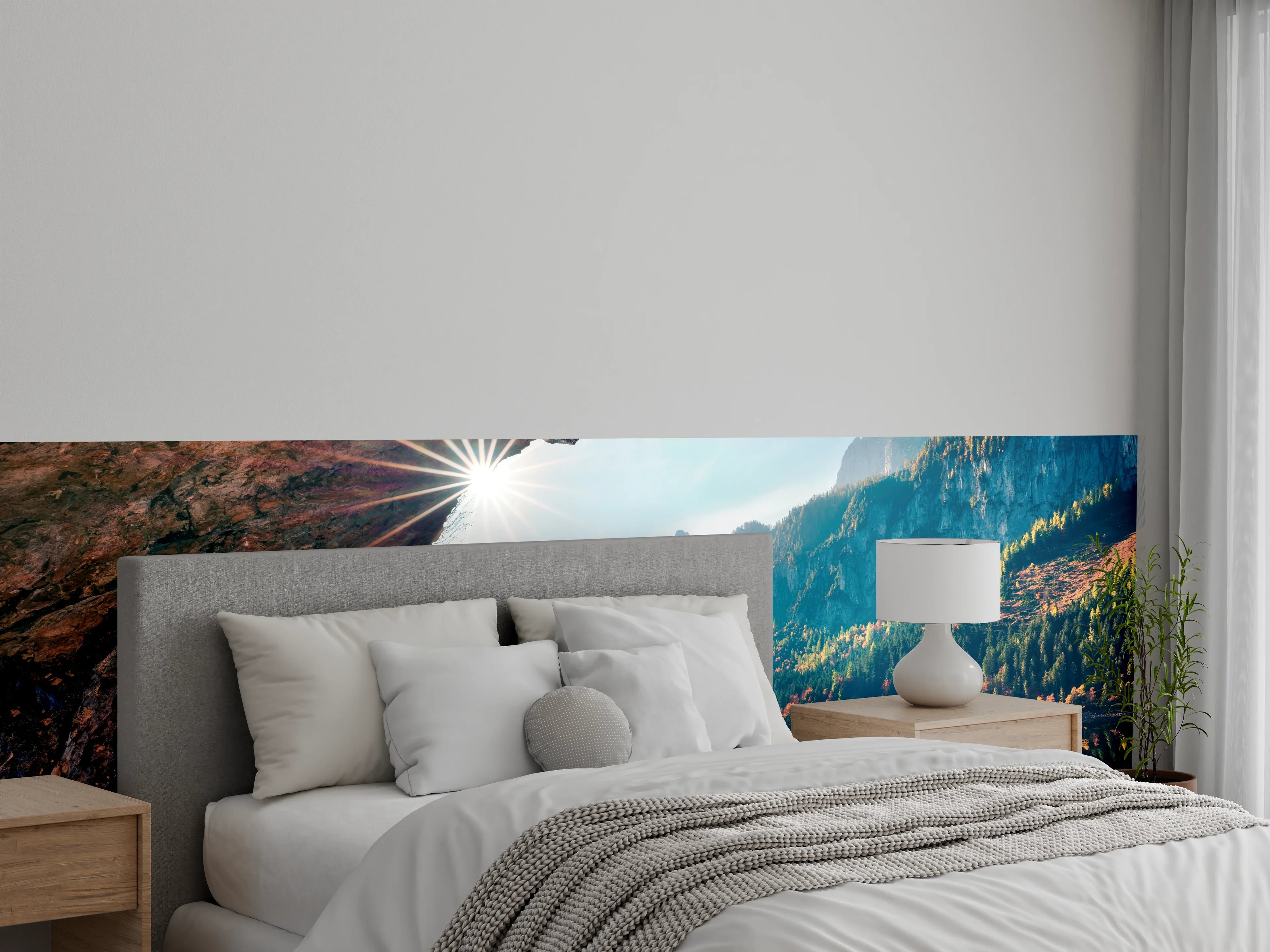 Wandverkleidung Schlafzimmer - Landschaftspanorama am See mit Bergblick