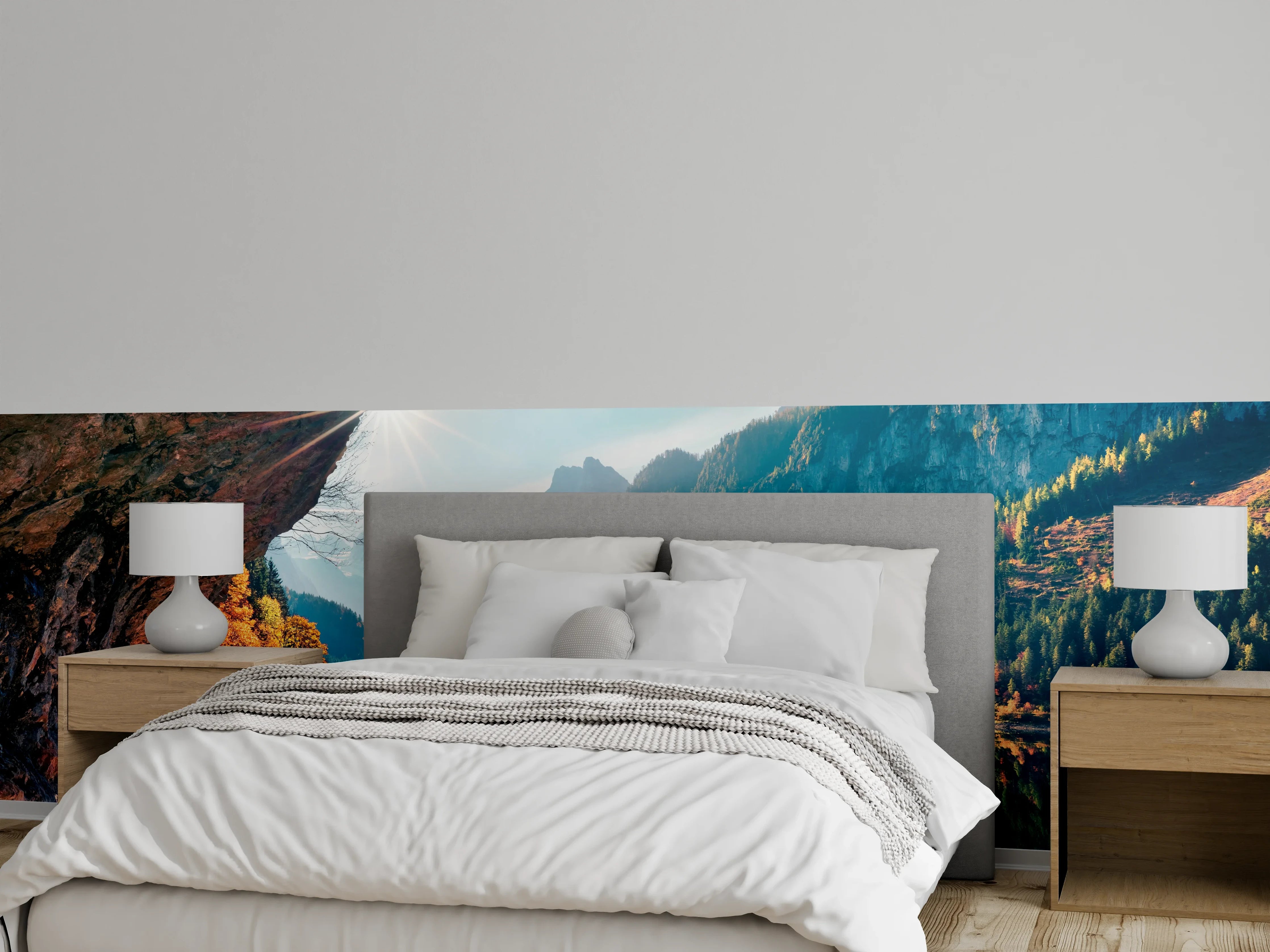 Wandverkleidung Schlafzimmer - Landschaftspanorama am See mit Bergblick