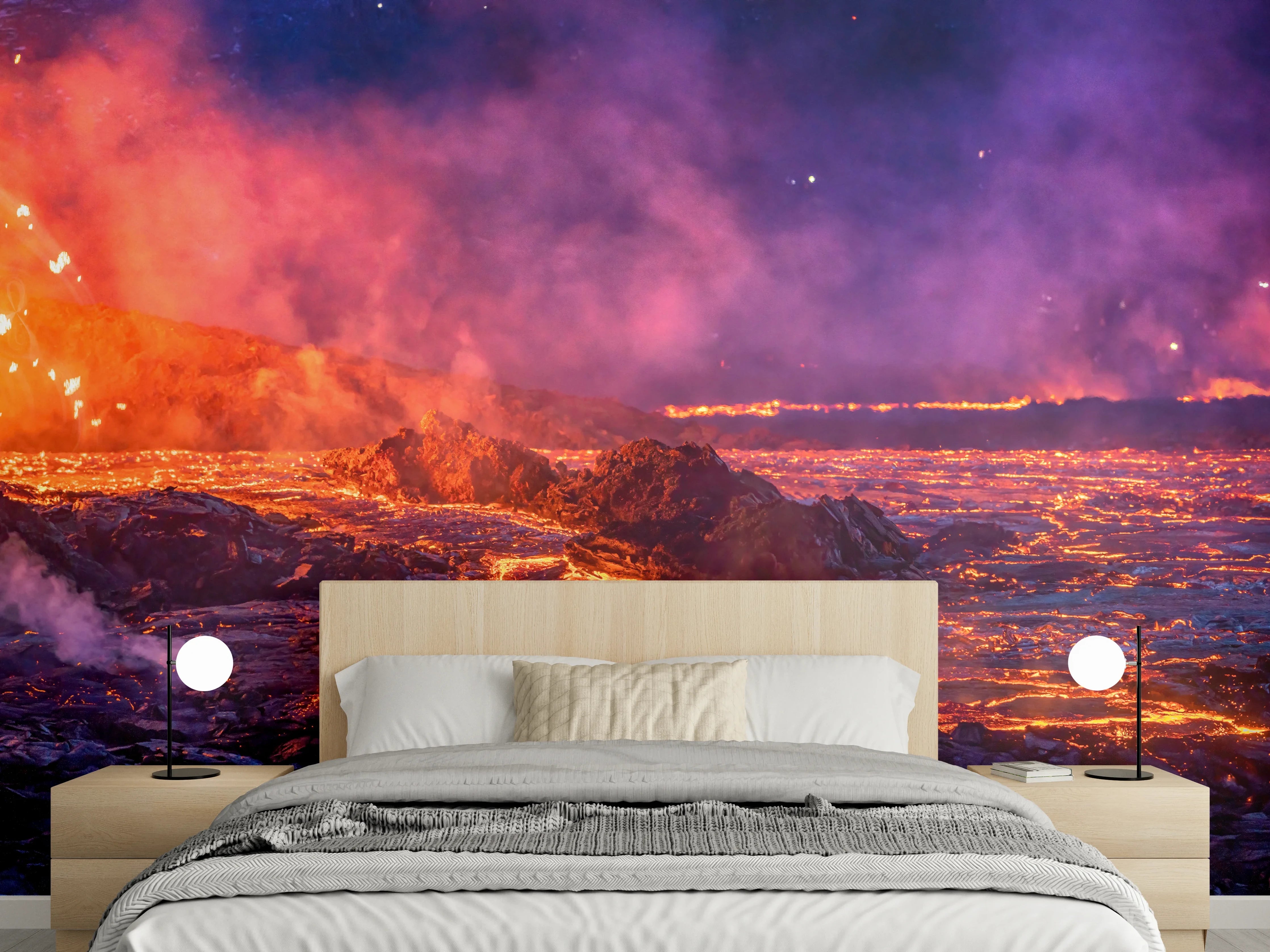 Wandverkleidung Schlafzimmer - Lavastrom aus dem ausbrechenden Vulkankrater