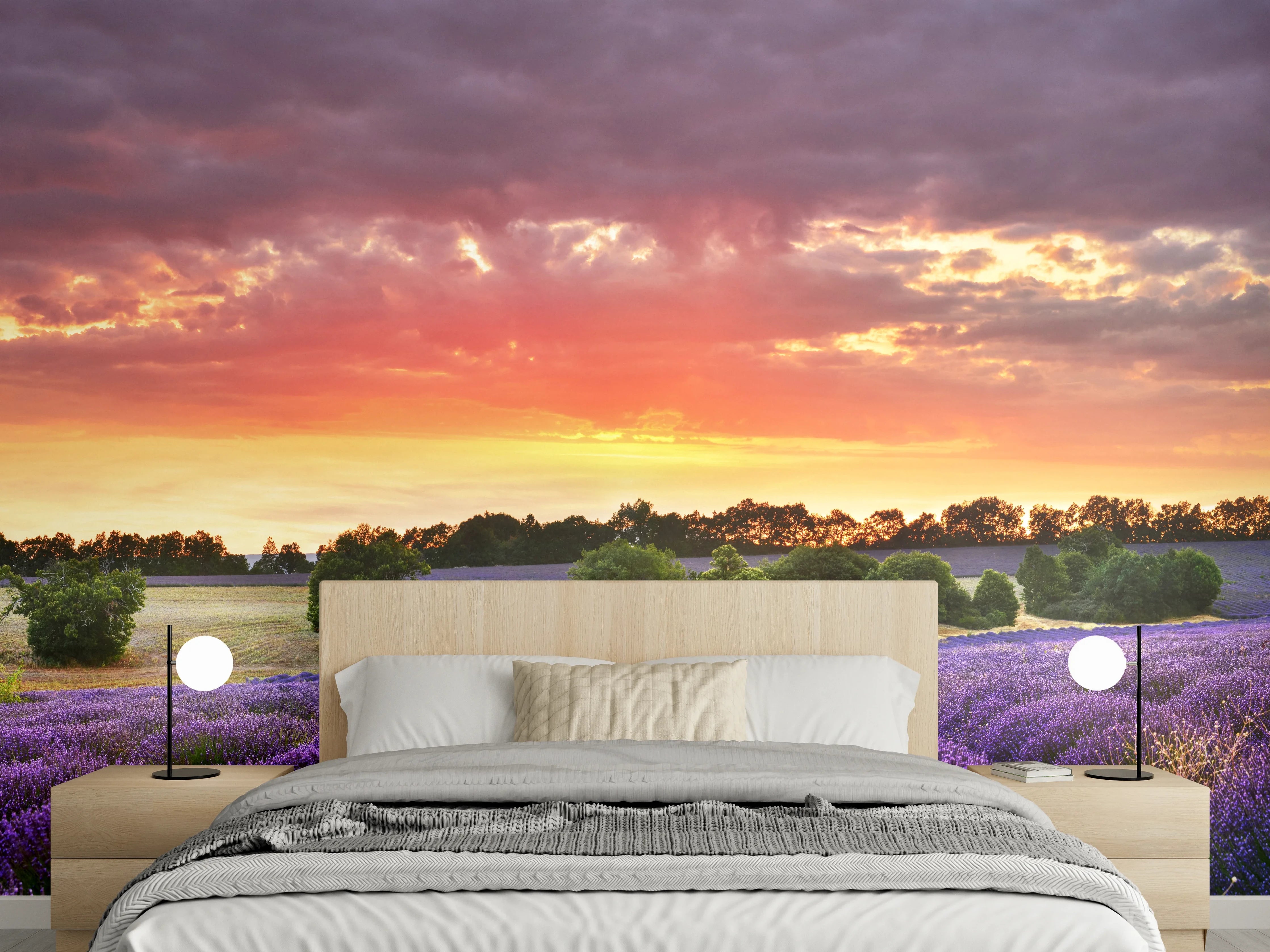 Wandverkleidung Schlafzimmer - Lavendelfeld bei Sonnenuntergang