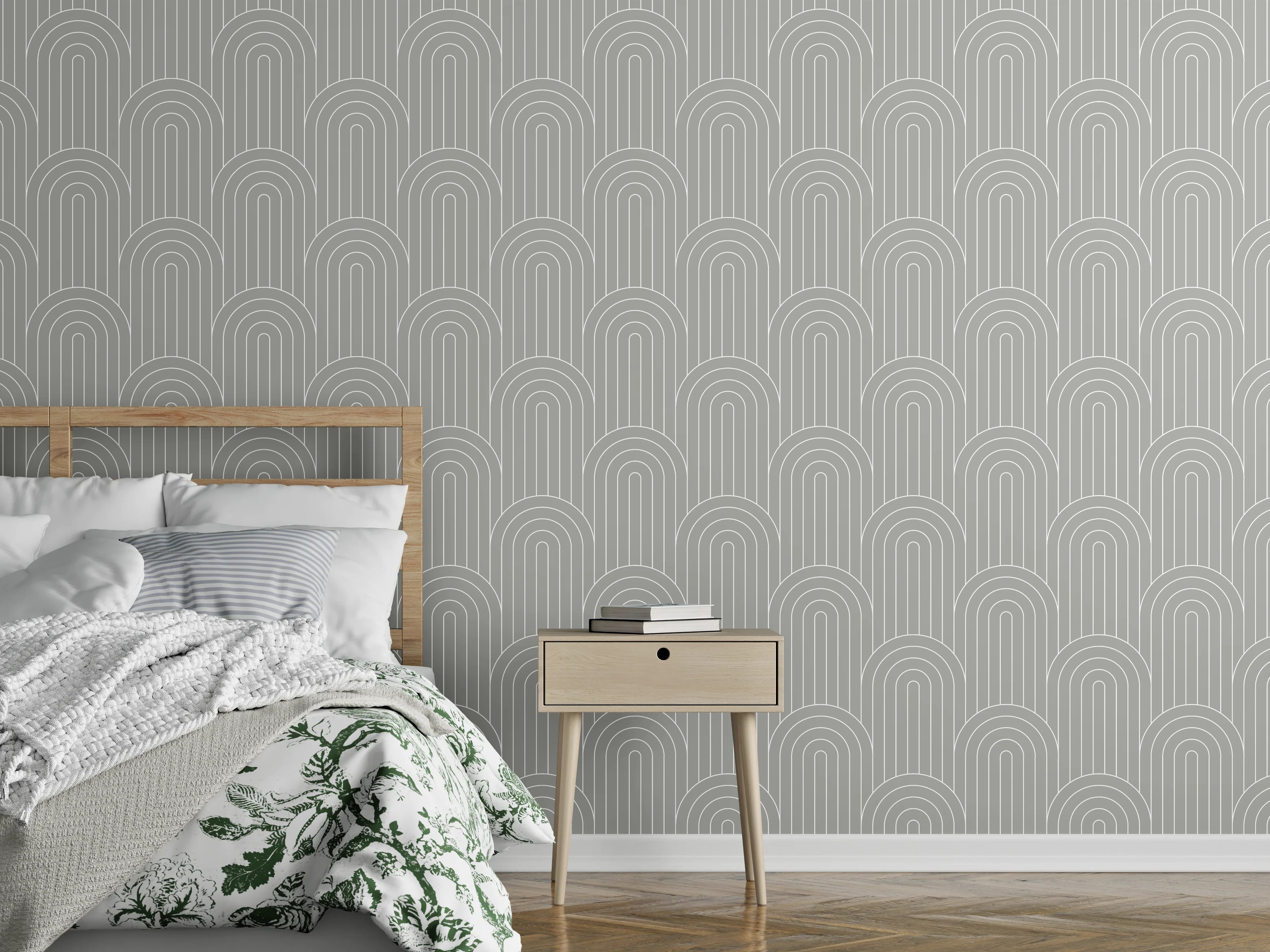 Wandverkleidung Schlafzimmer - Leichte Grafik Linienmuster in Grau-Weiß