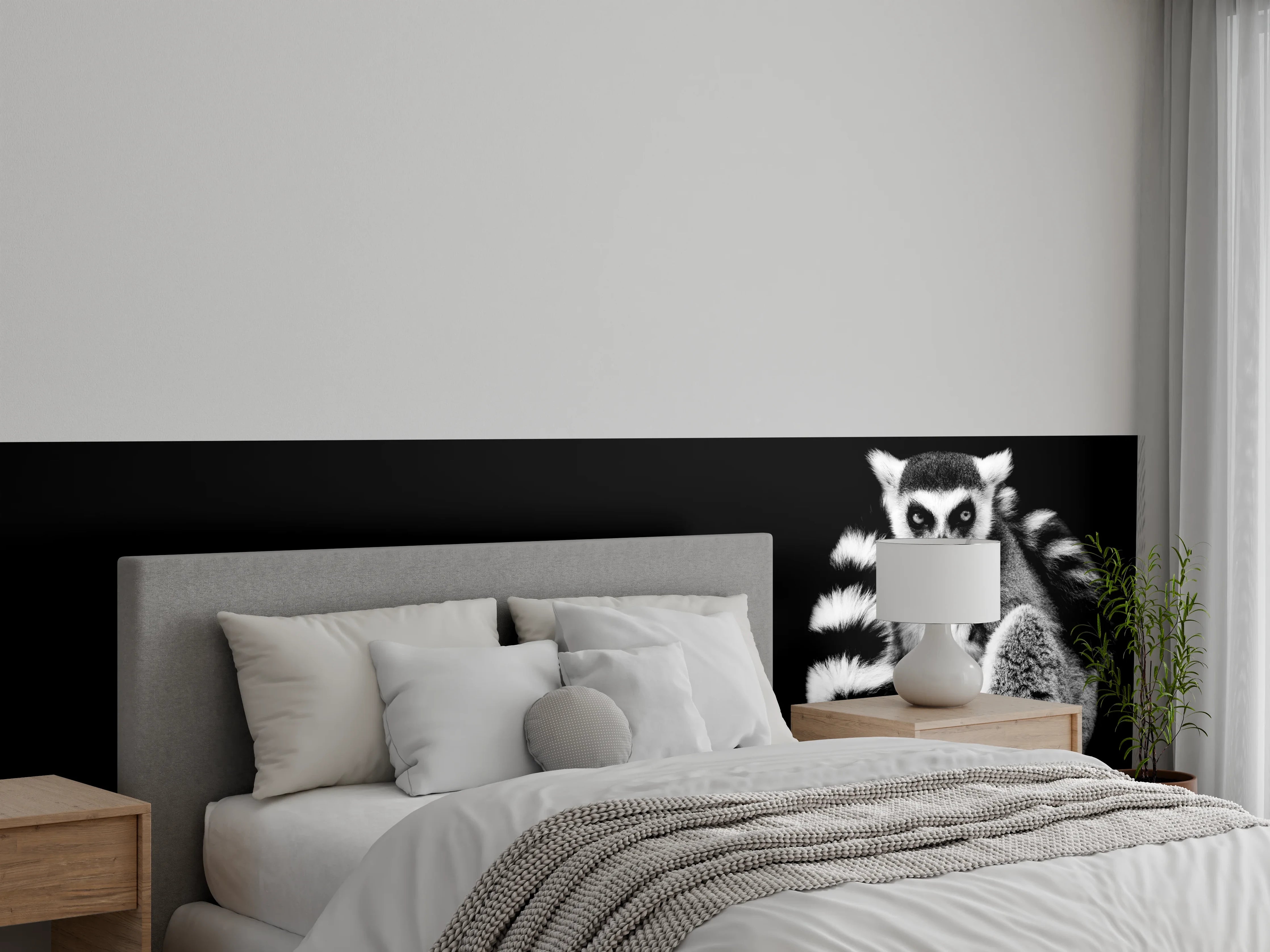 Wandverkleidung Schlafzimmer - Lemur auf schwarzem Hintergrund