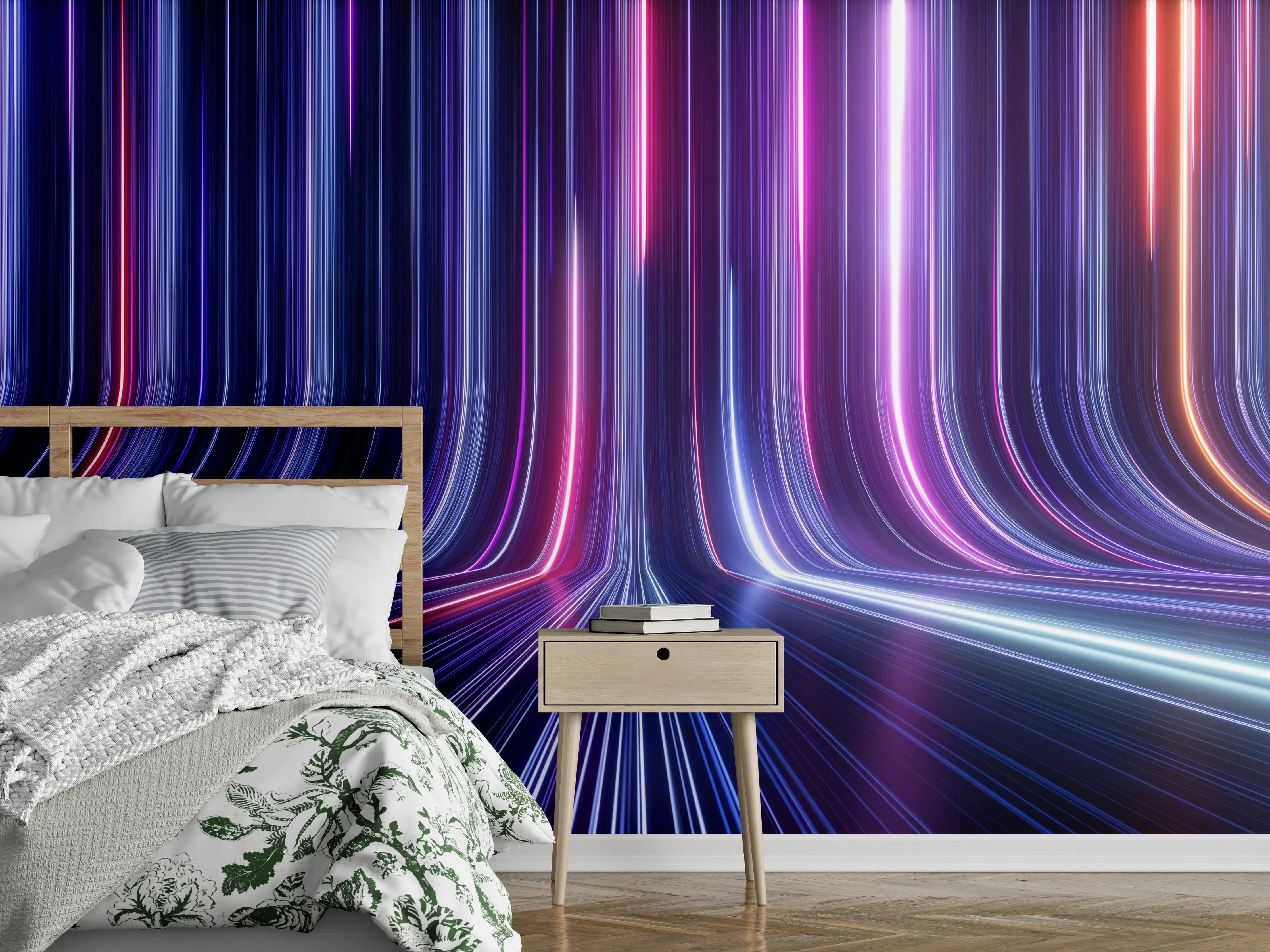 Wandverkleidung Schlafzimmer - Leuchtende Neonlinien im Futurismus Look