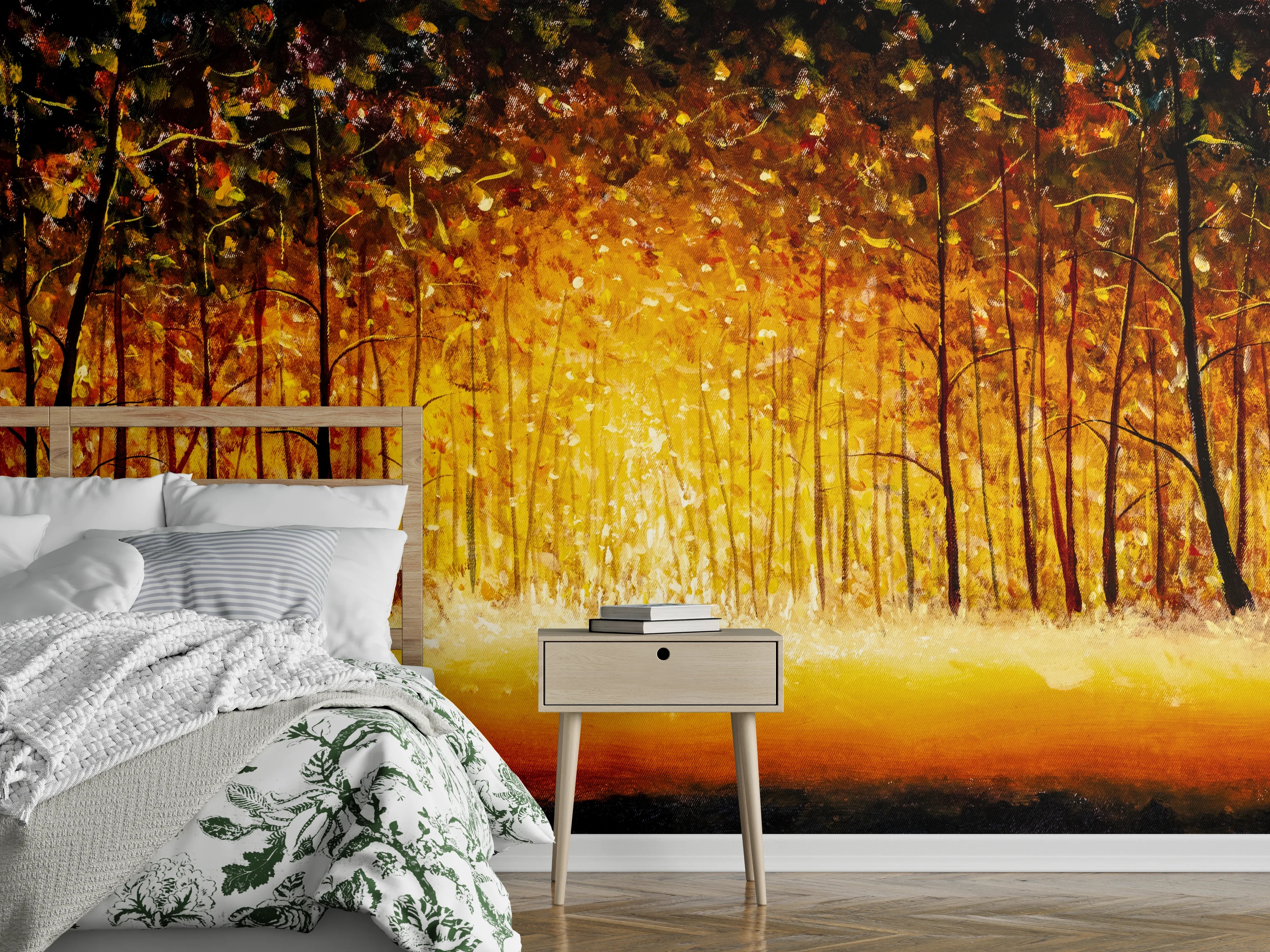 Wandverkleidung Schlafzimmer - Leuchtender Herbstwald Malerei