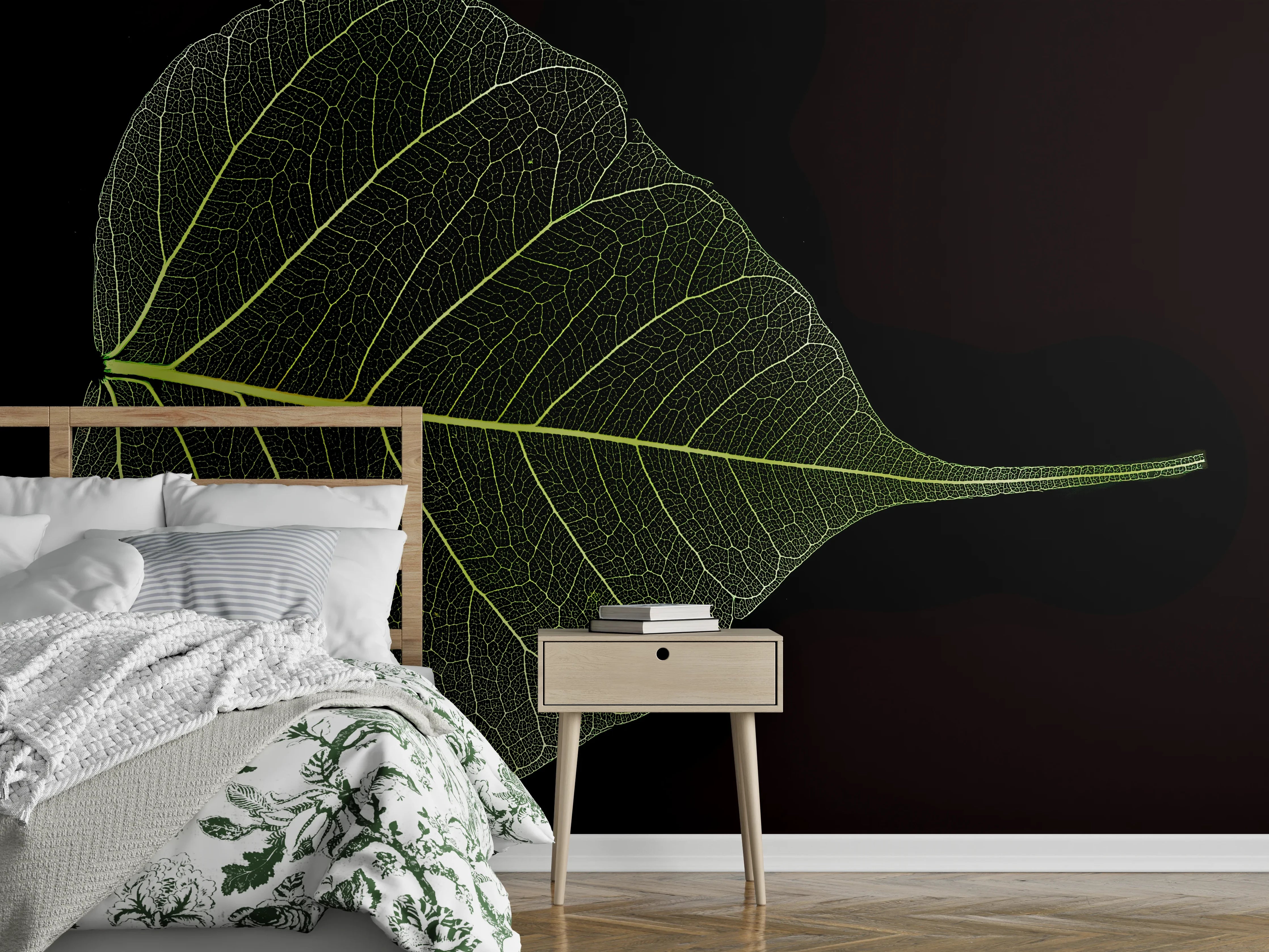 Wandverkleidung Schlafzimmer - Leuchtendes Blatt mit grüner Struktur
