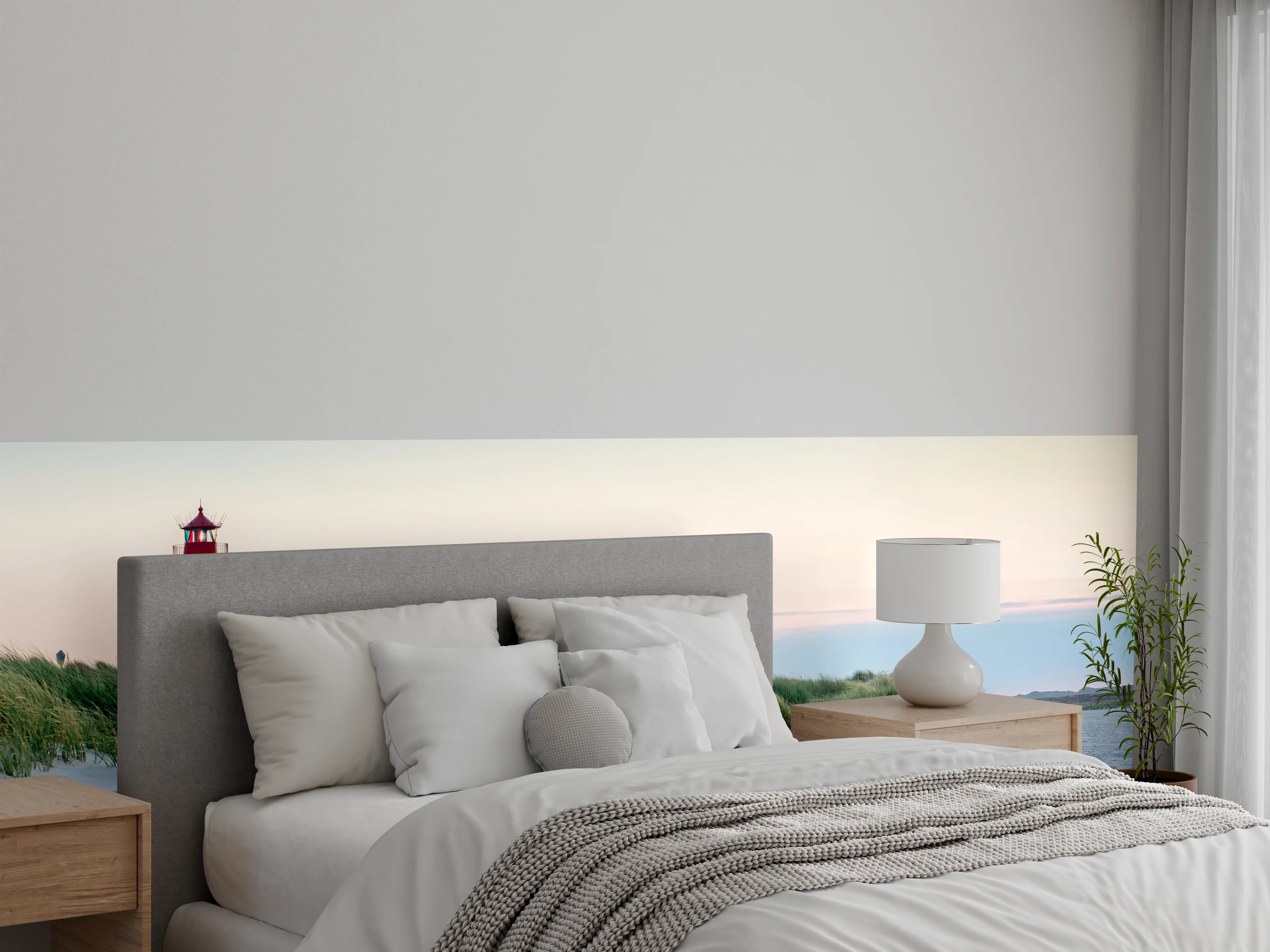 Wandverkleidung Schlafzimmer - Leuchtturm am Sandstrand Panorama