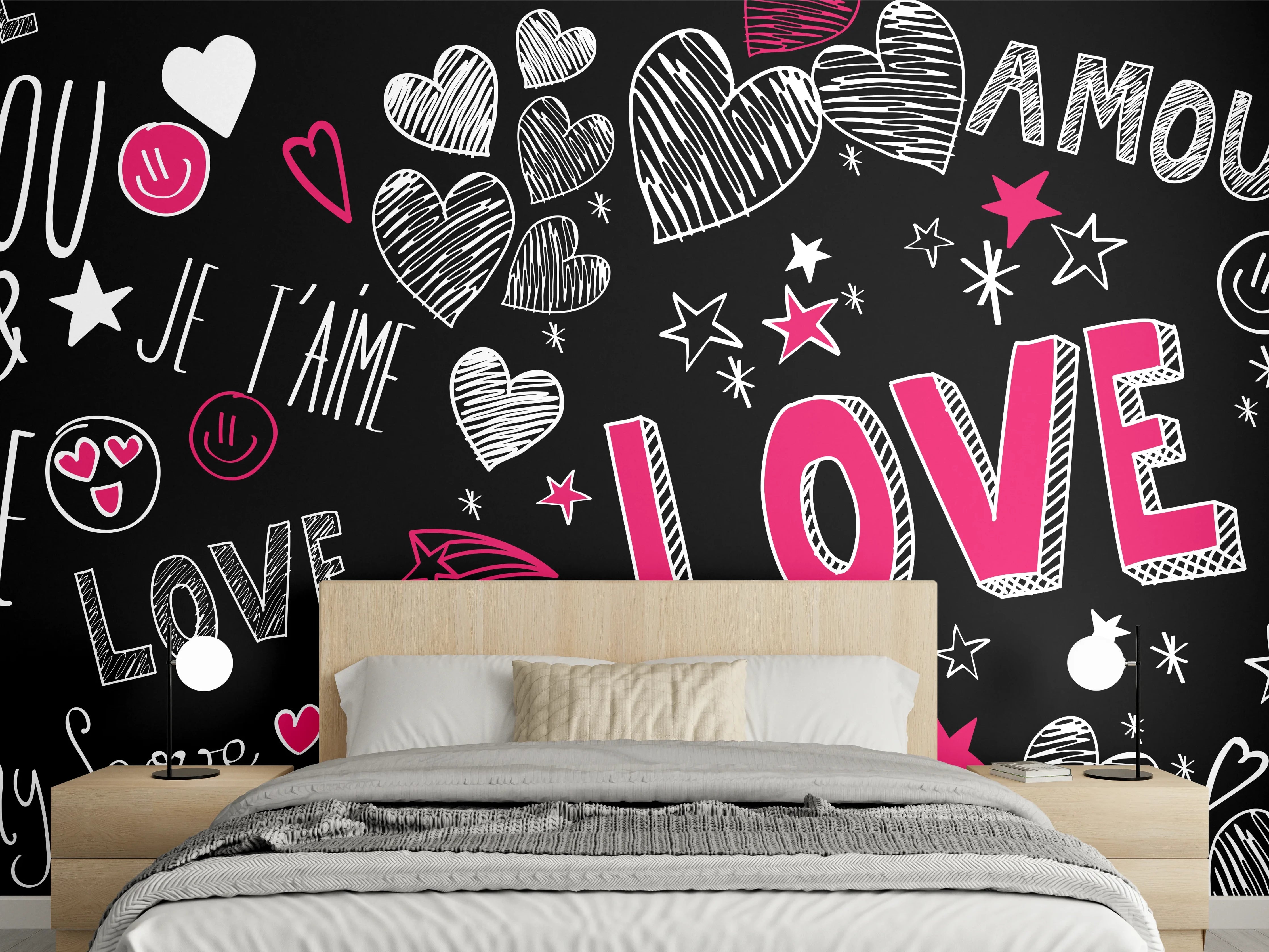 Wandverkleidung Schlafzimmer - Liebevolle Typografie Herzen Schwarz Weiß