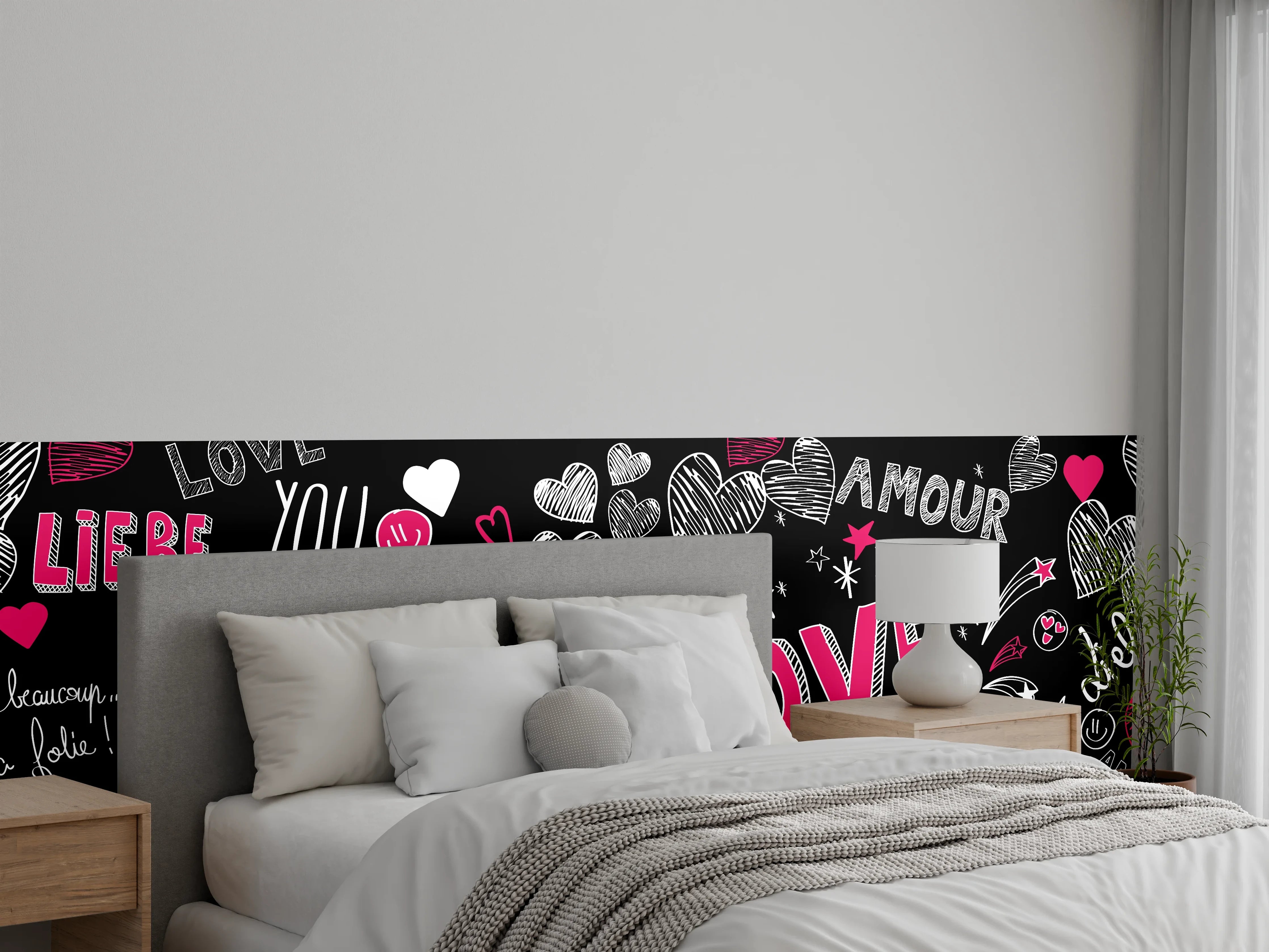 Wandverkleidung Schlafzimmer - Liebevolle Typografie Herzen Schwarz Weiß