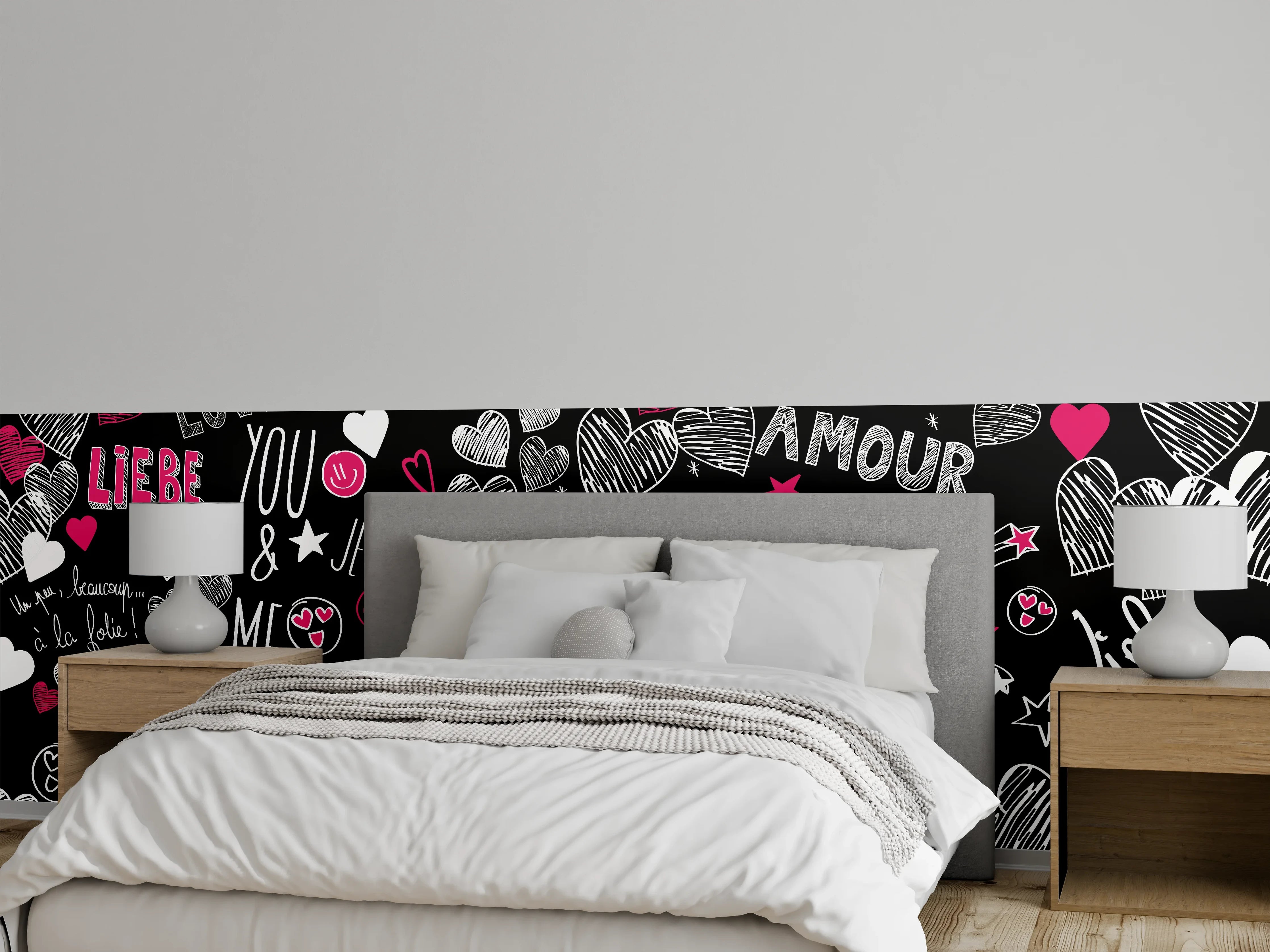 Wandverkleidung Schlafzimmer - Liebevolle Typografie Herzen Schwarz Weiß