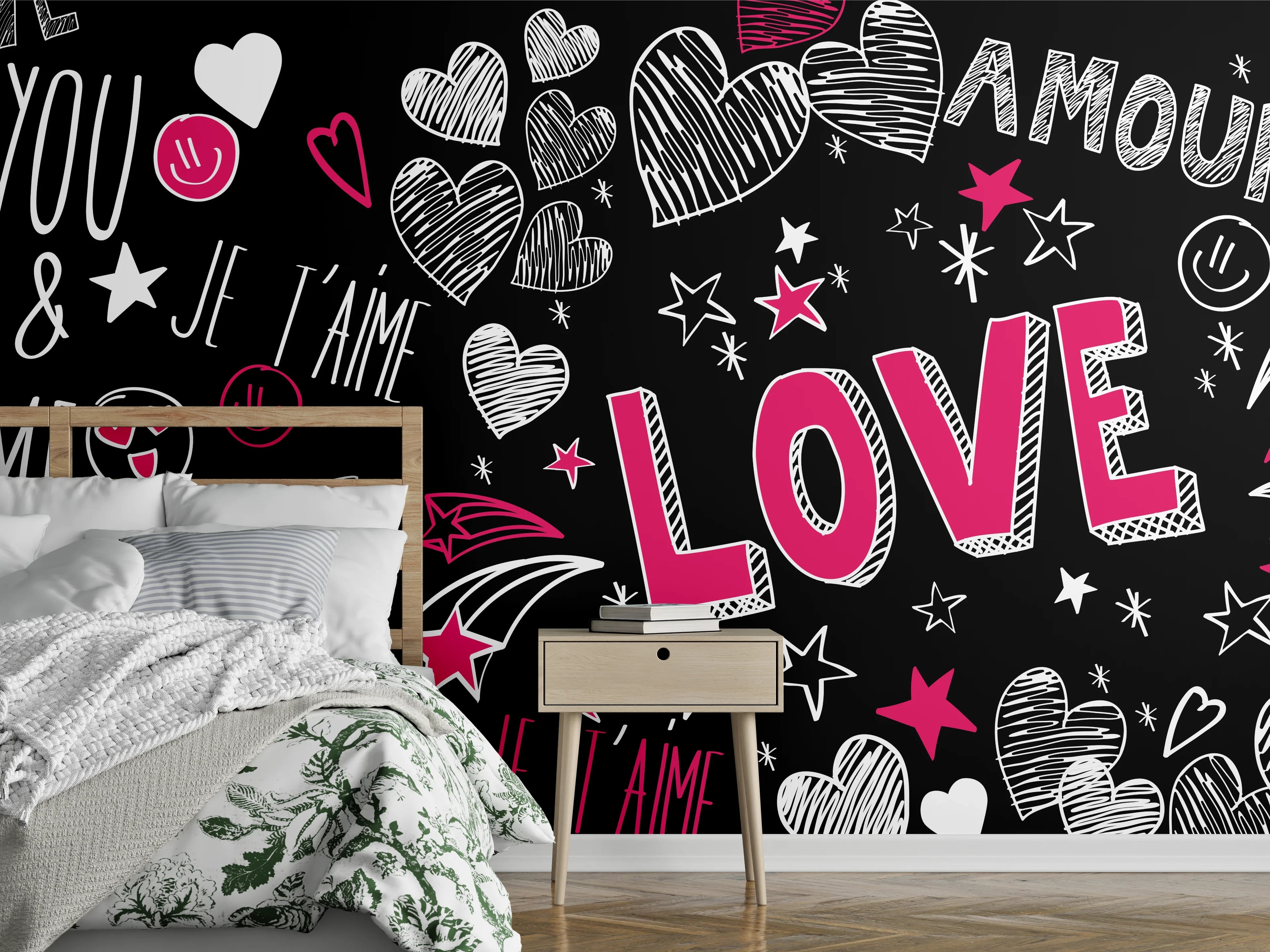Wandverkleidung Schlafzimmer - Liebevolle Typografie Herzen Schwarz Weiß