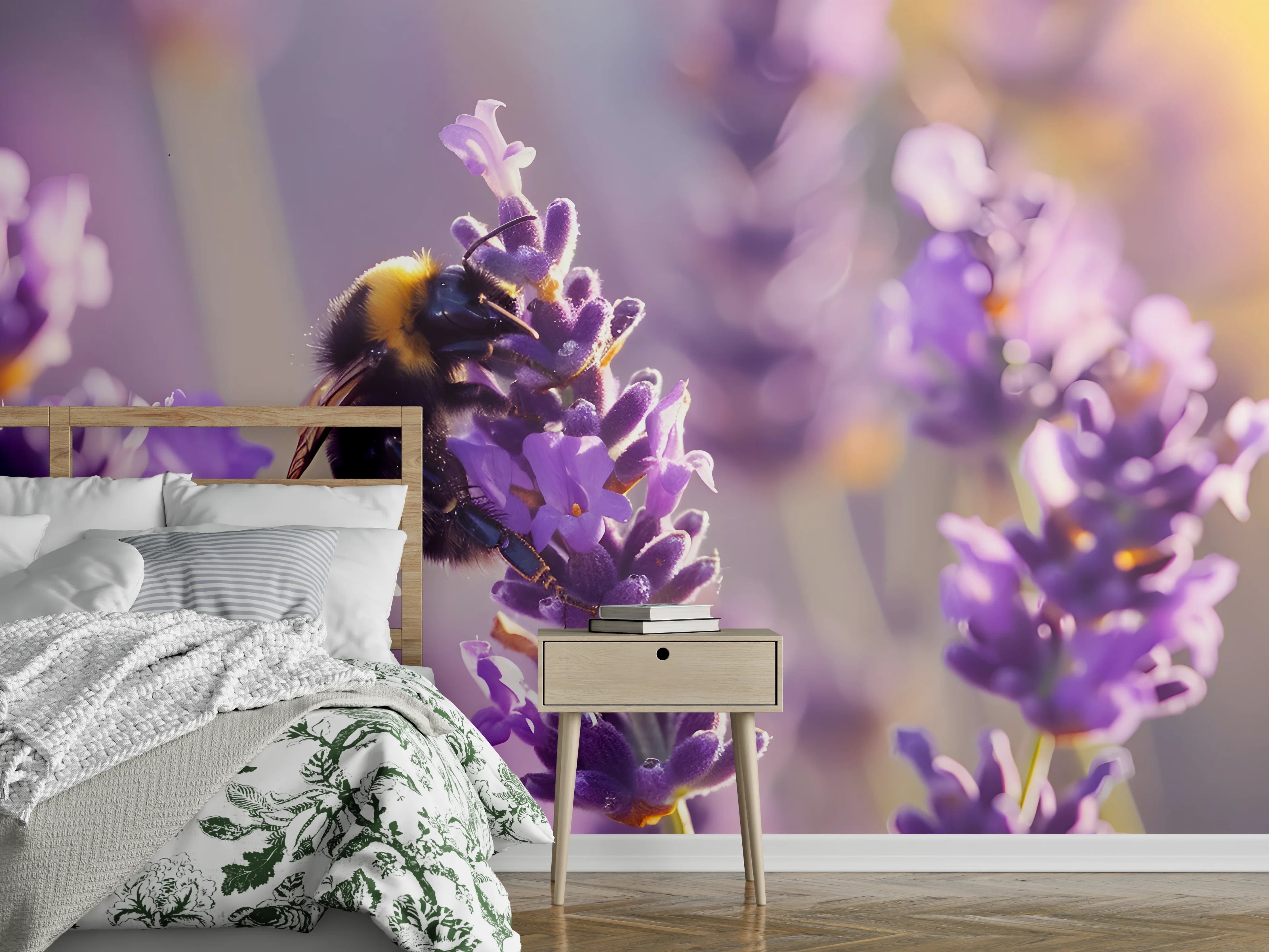 Wandverkleidung Schlafzimmer - Lila Lavendel mit Hummel